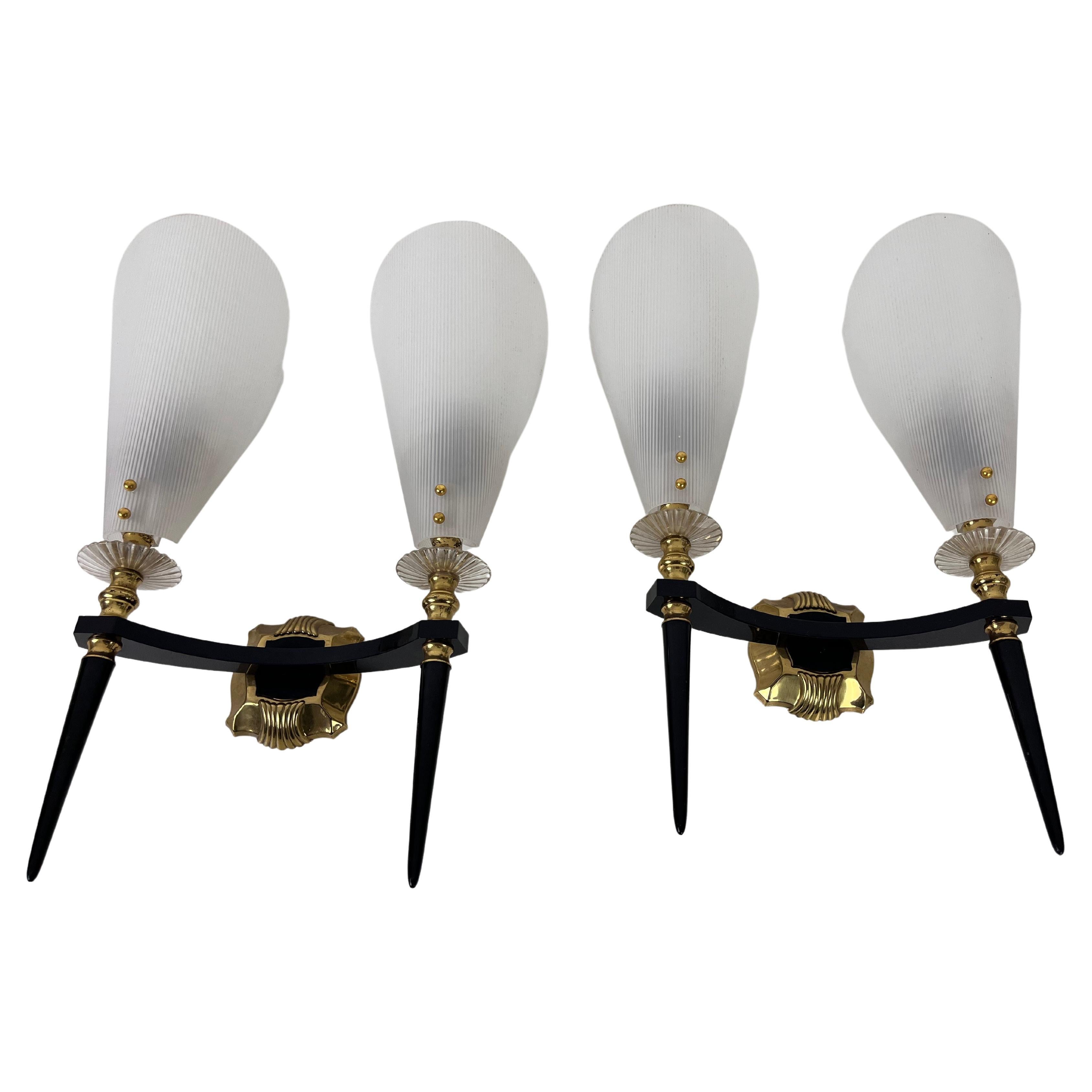Pair of 2 Brass and Plexiglass Wall Lamps by Maison Arlus, 1960, France