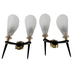 Vintage Pair of 2 Brass and Plexiglass Wall Lamps by Maison Arlus, 1960, France