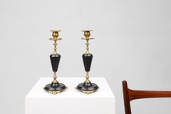Pair of 2 bronze and black stone candlesticks in Empire style, France ca. 1870