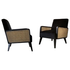 Pair of 2 Contemporary Black Velvet Armchair Featuring Woven Rattan Armrests