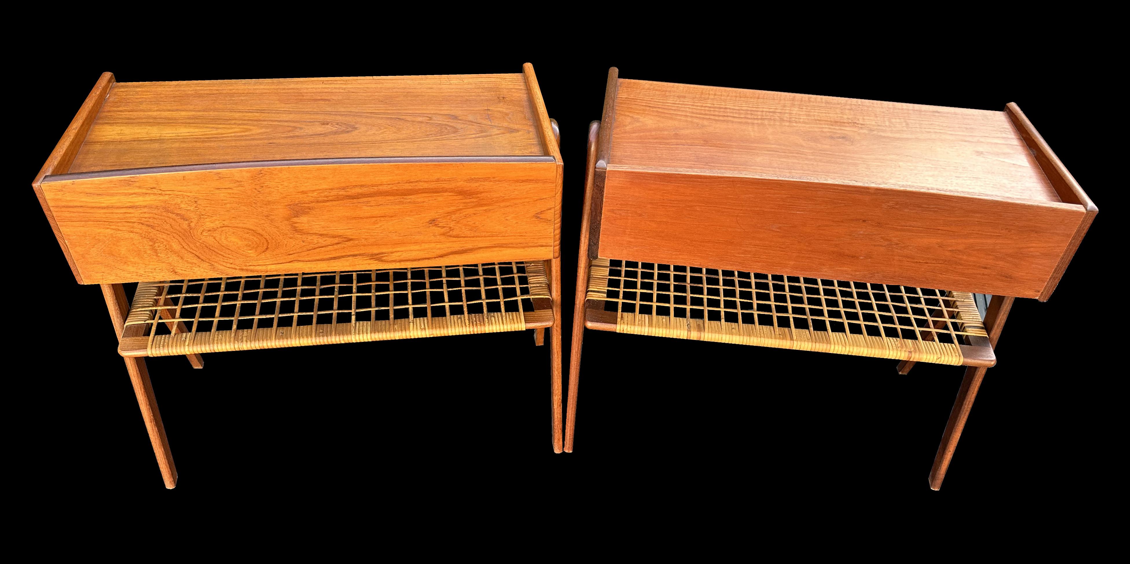 A lovely original pair of bedsides in good original condition, nice patina on both the Teak and Rattan.