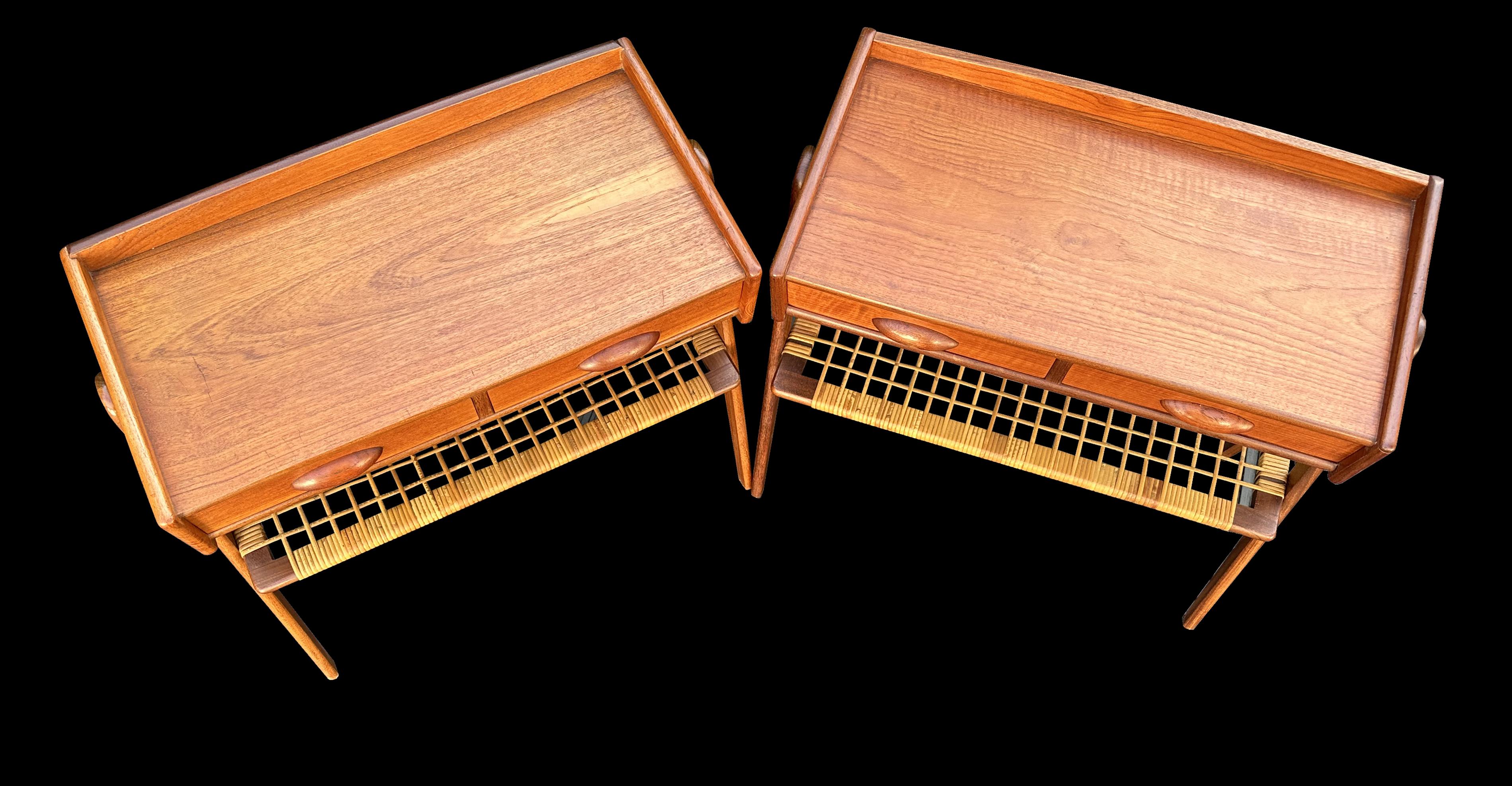 20th Century Pair of 2 Drawer Teak and Rattan Bedside Tables by Soren Rasmussen
