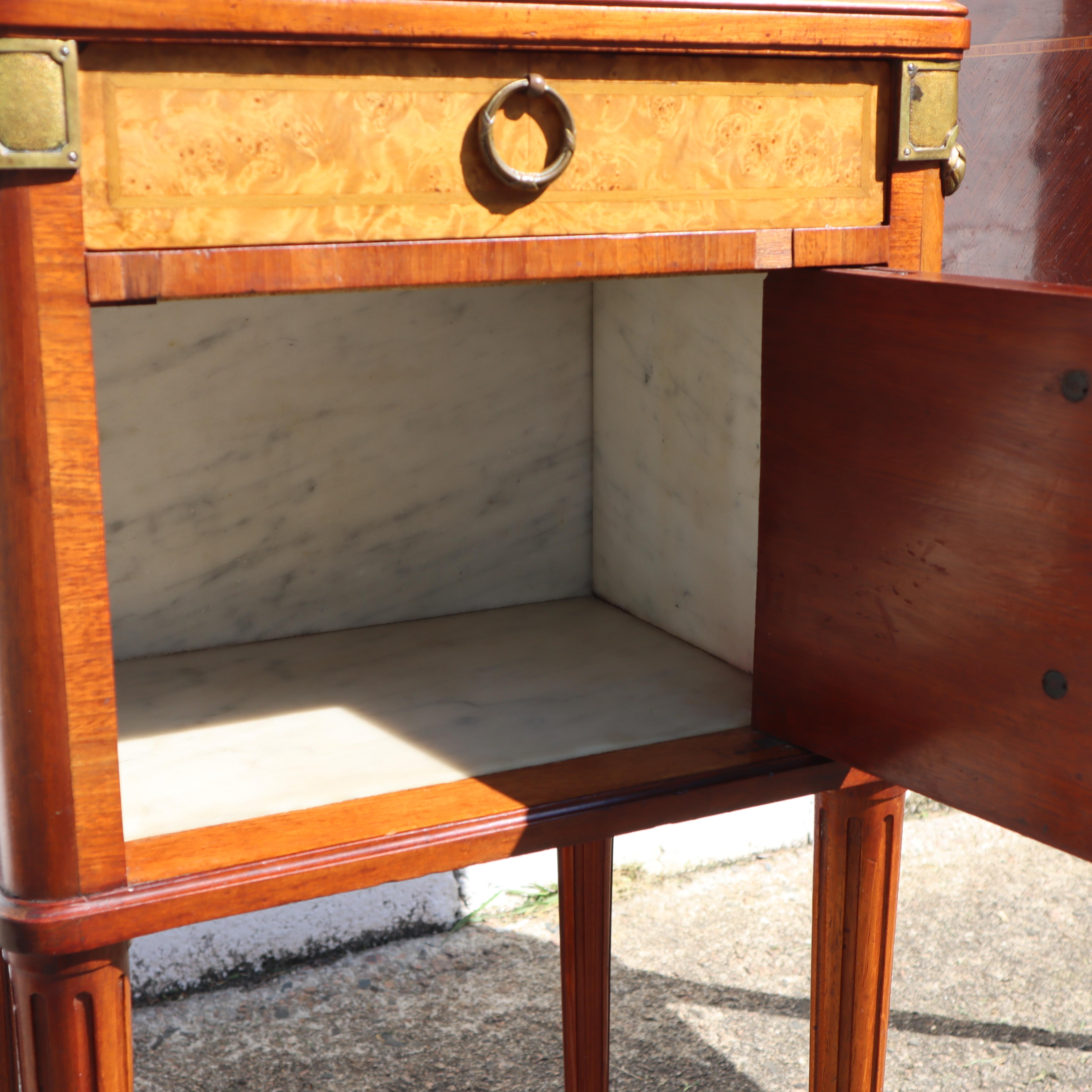 Pair of 2 French Antique Marble and Mahogany Marquetry Nightstands-Set of 2 Marb For Sale 7