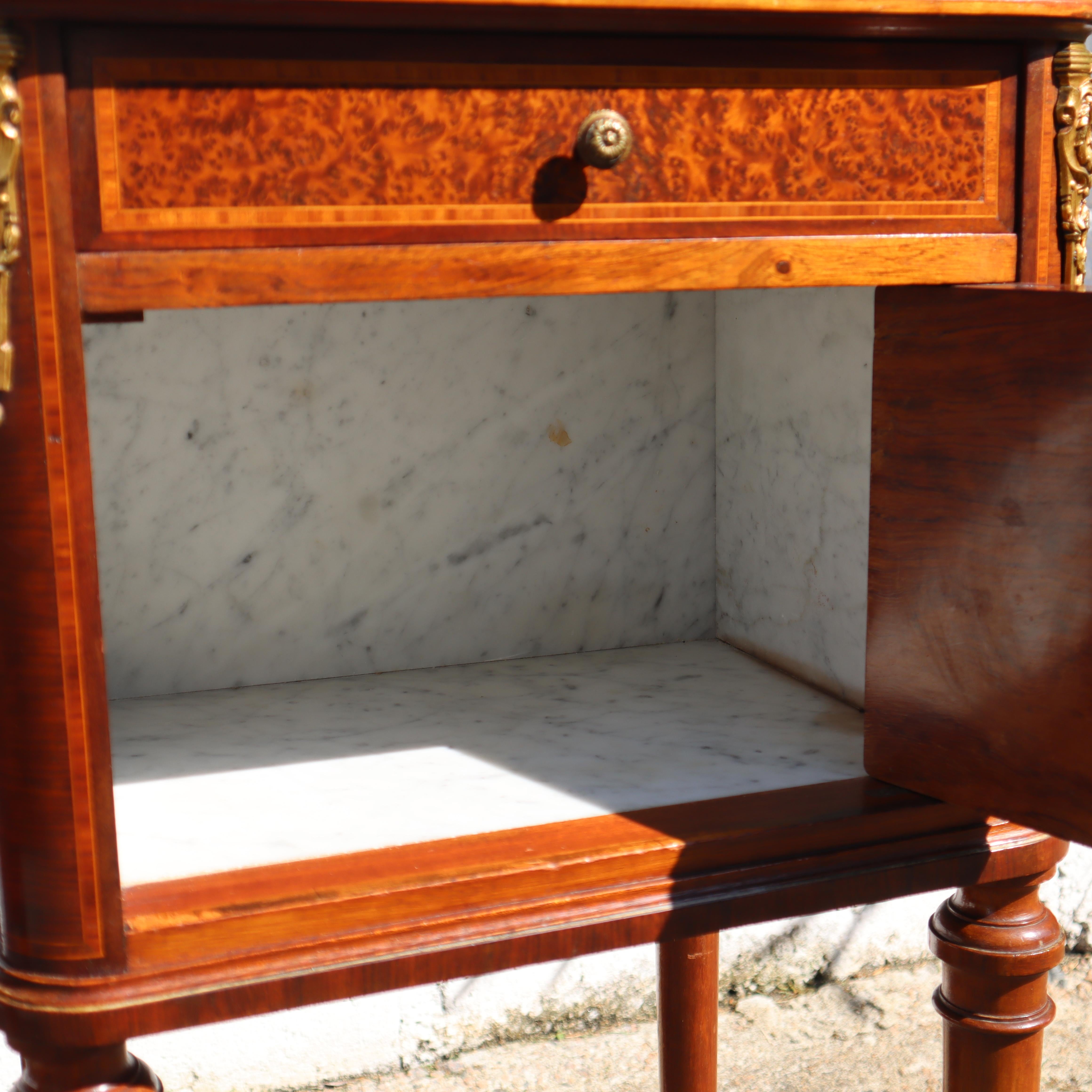 Pair of 2 French Antique Marble and Mahogany Marquetry Nightstands-20s For Sale 8