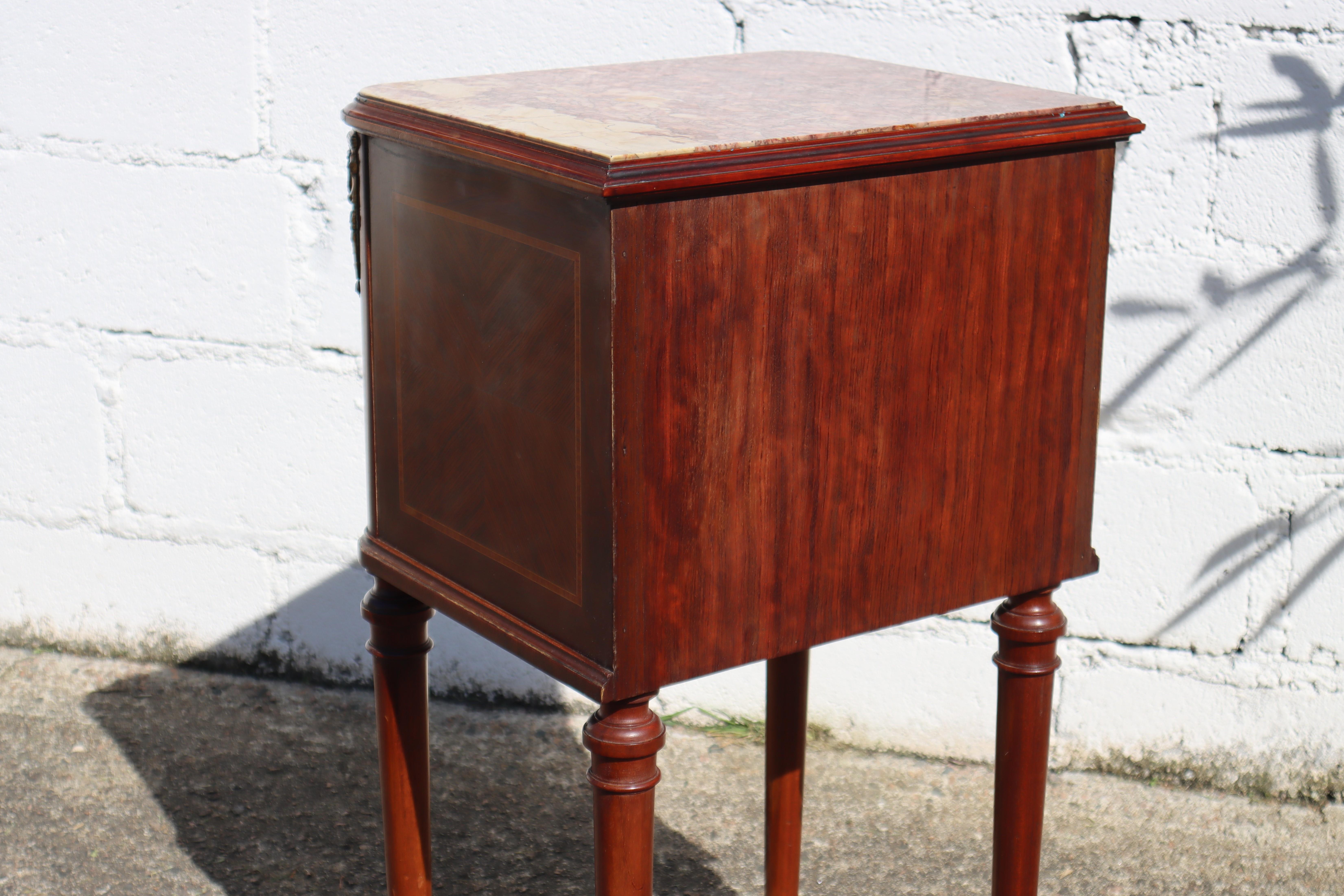 Pair of 2 French Antique Marble and Mahogany Marquetry Nightstands-Set of 2 Marb For Sale 12