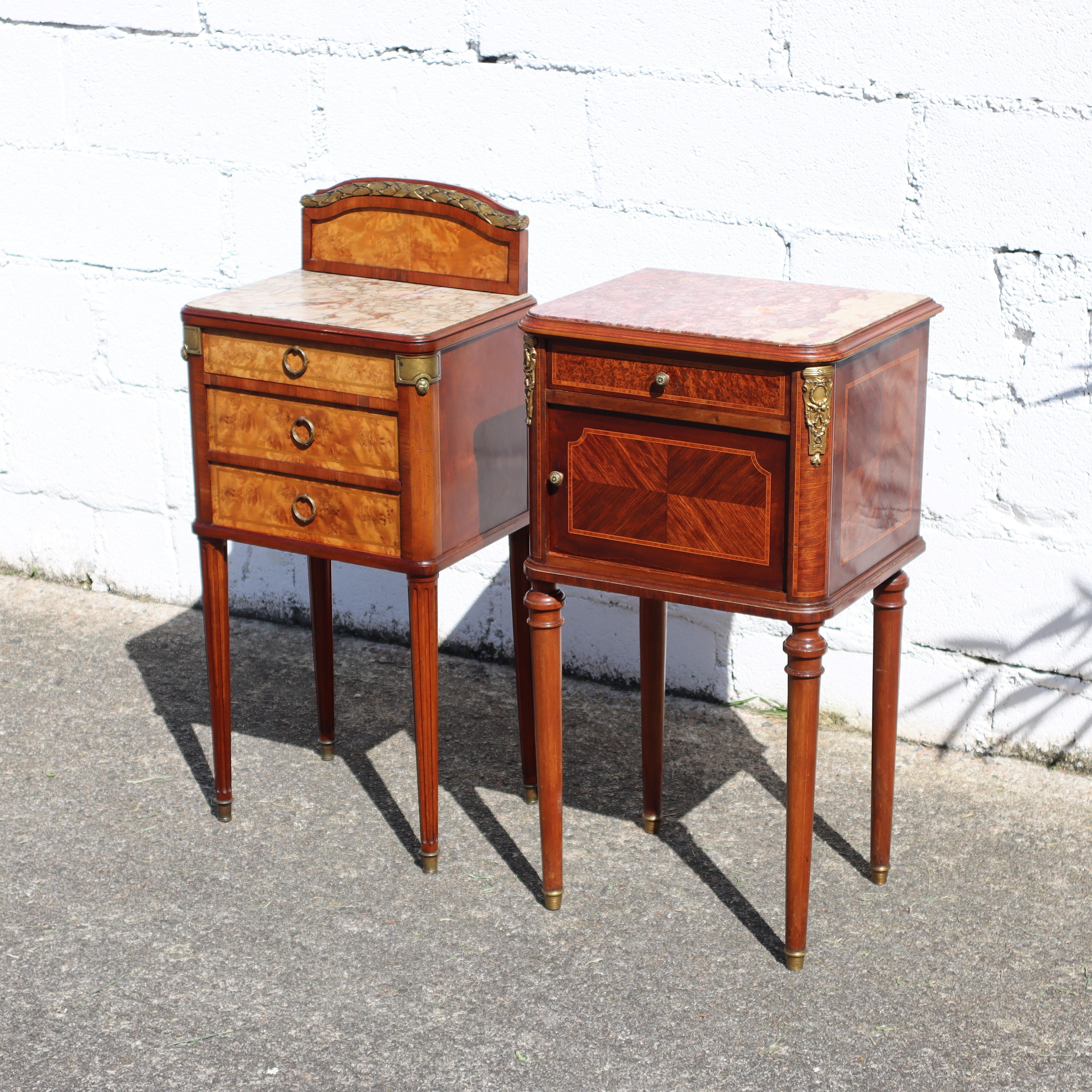 Louis XVI Pair of 2 French Antique Marble and Mahogany Marquetry Nightstands-Set of 2 Marb For Sale