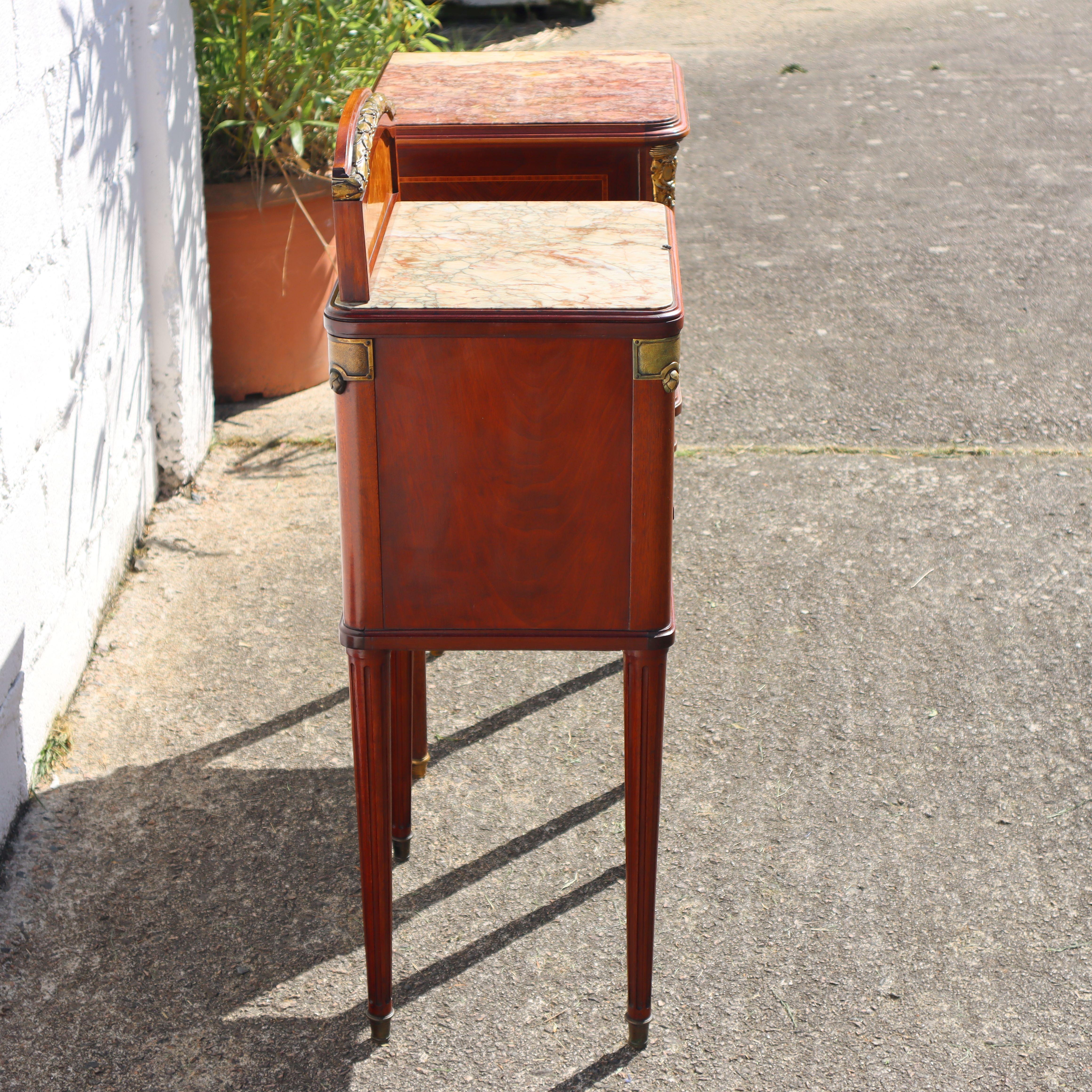 Early 20th Century Pair of 2 French Antique Marble and Mahogany Marquetry Nightstands-20s For Sale