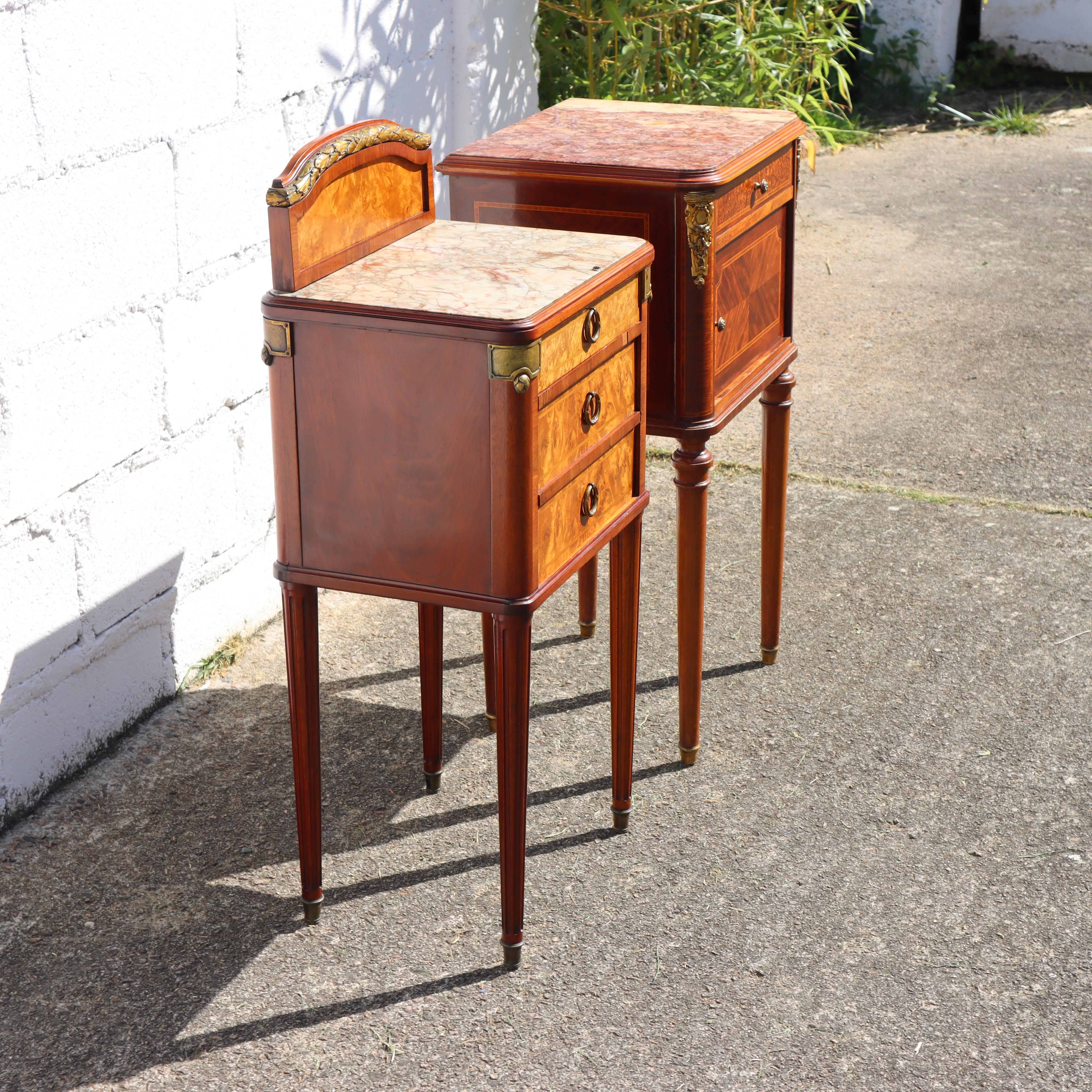 Brass Pair of 2 French Antique Marble and Mahogany Marquetry Nightstands-20s For Sale