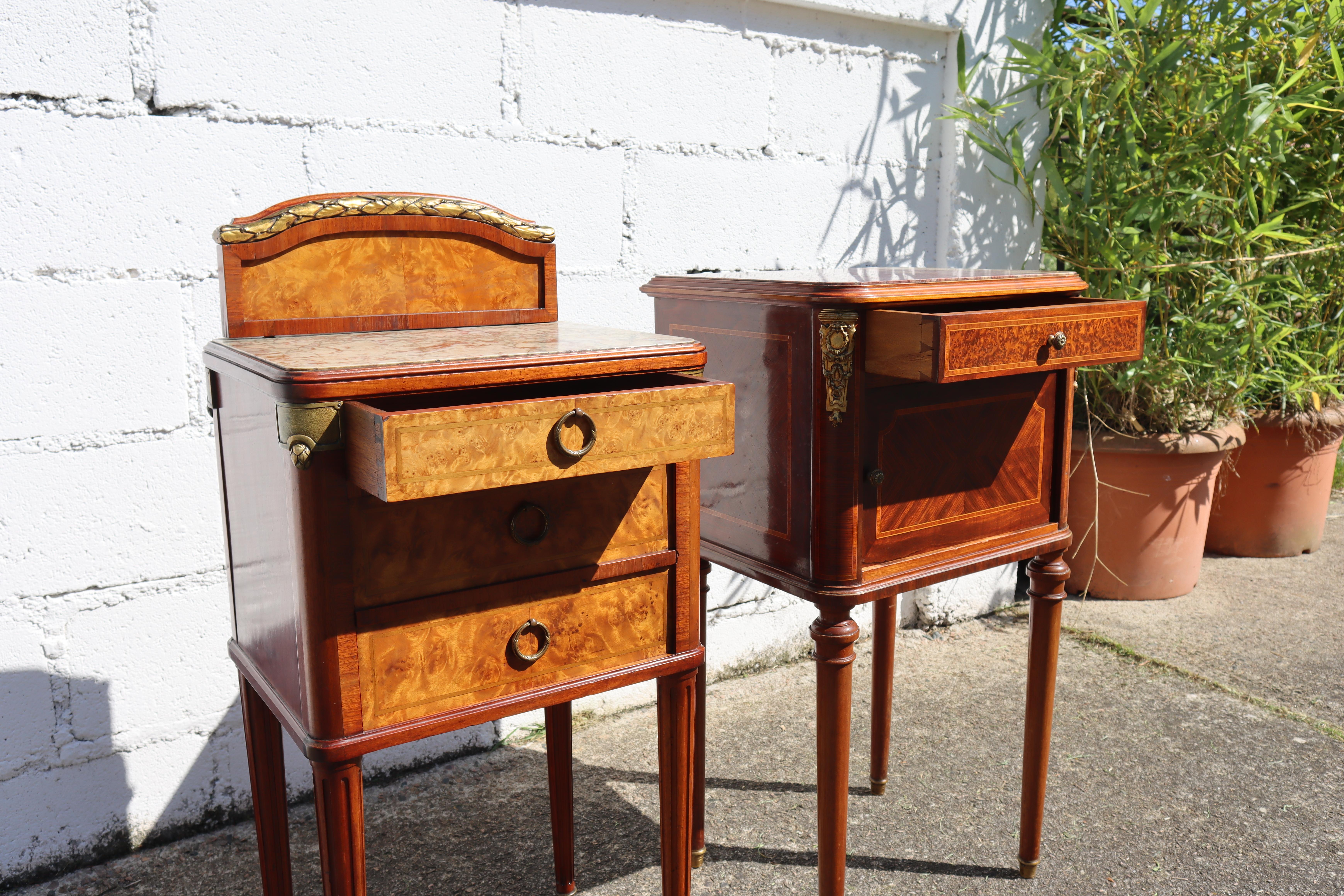 Pair of 2 French Antique Marble and Mahogany Marquetry Nightstands-20s For Sale 1