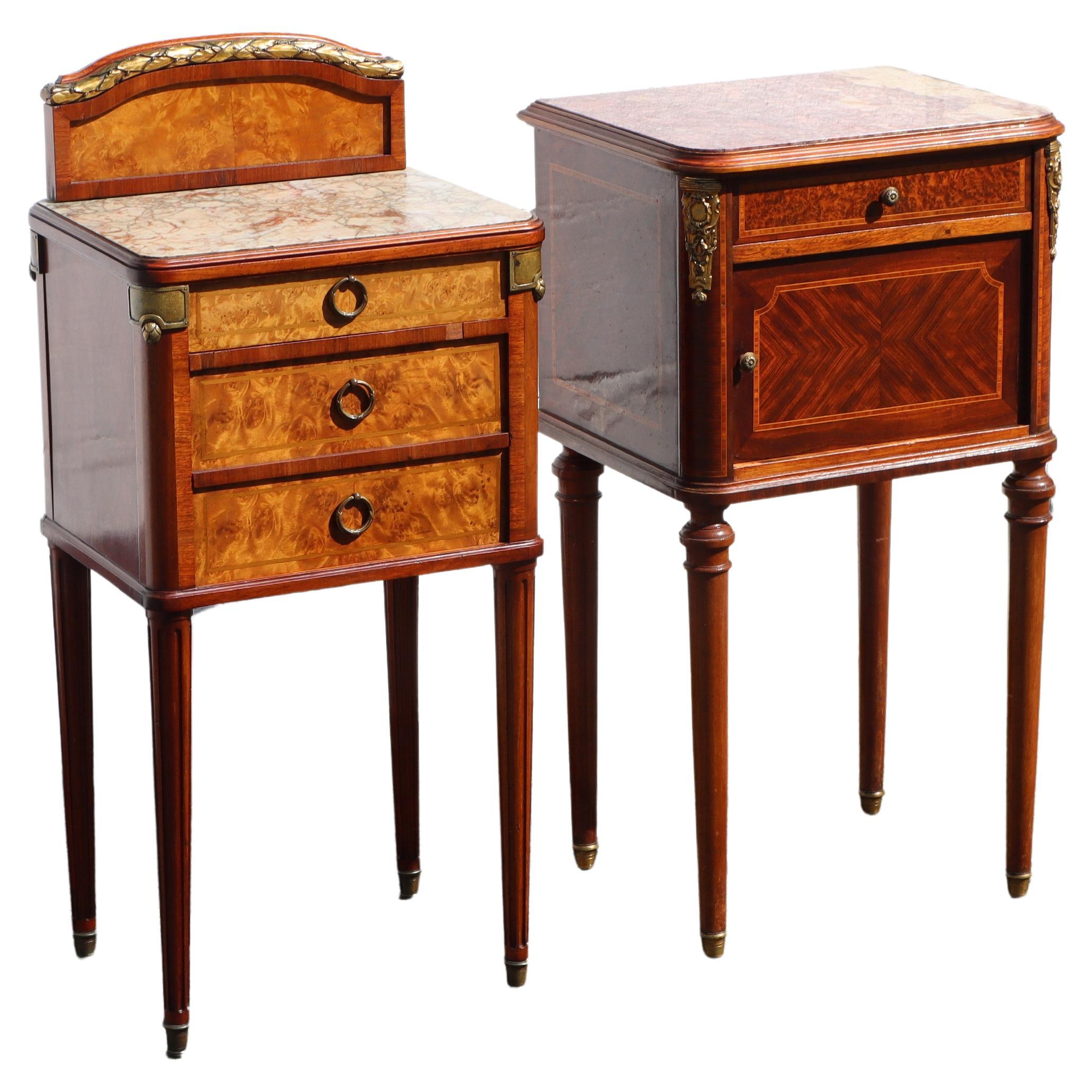 Pair of 2 French Antique Marble and Mahogany Marquetry Nightstands-Set of 2 Marb