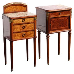 Pair of 2 French Antique Marble and Mahogany Marquetry Nightstands-20s