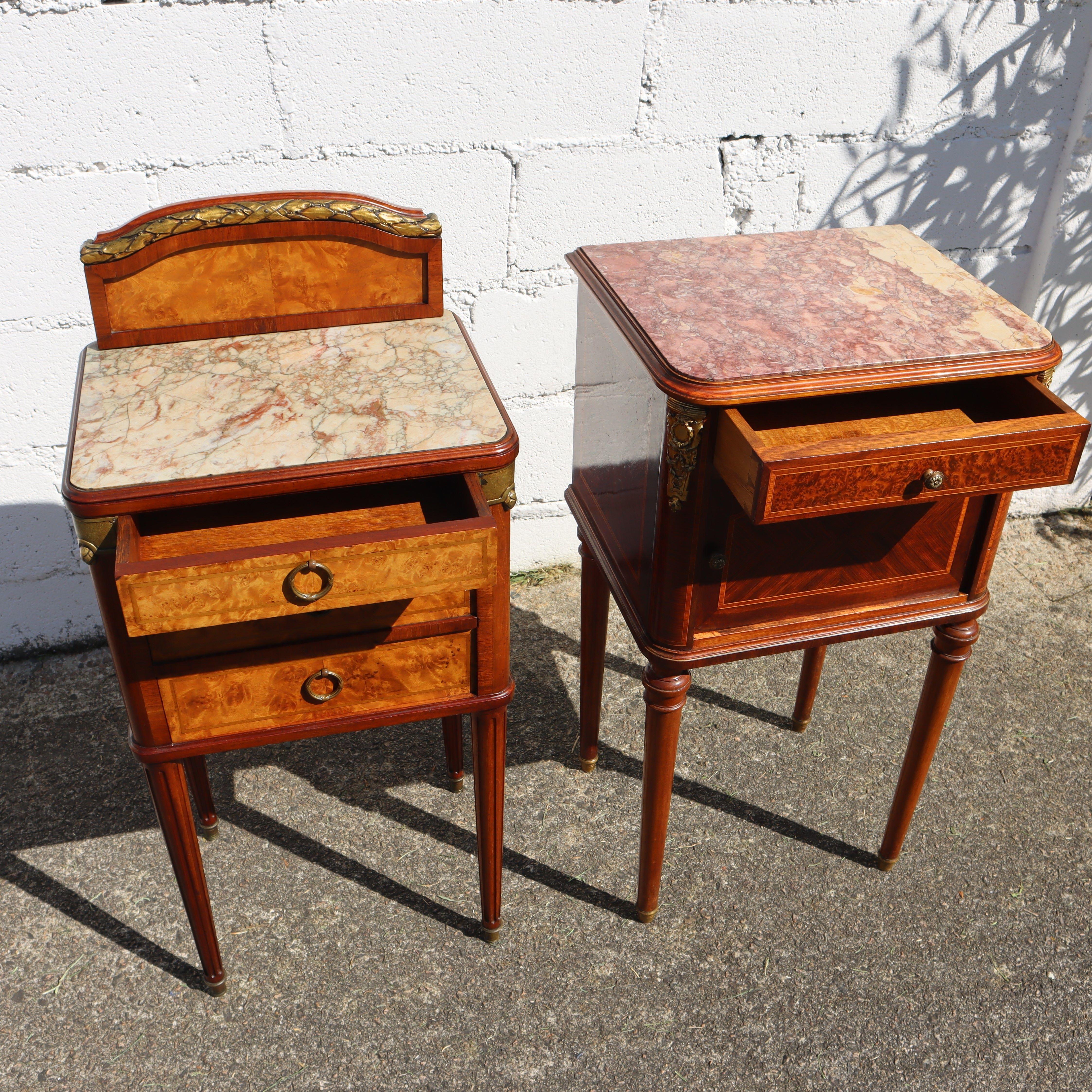 Pair of 2 French Antique Marble and Marquetry Nightstands-20s 4