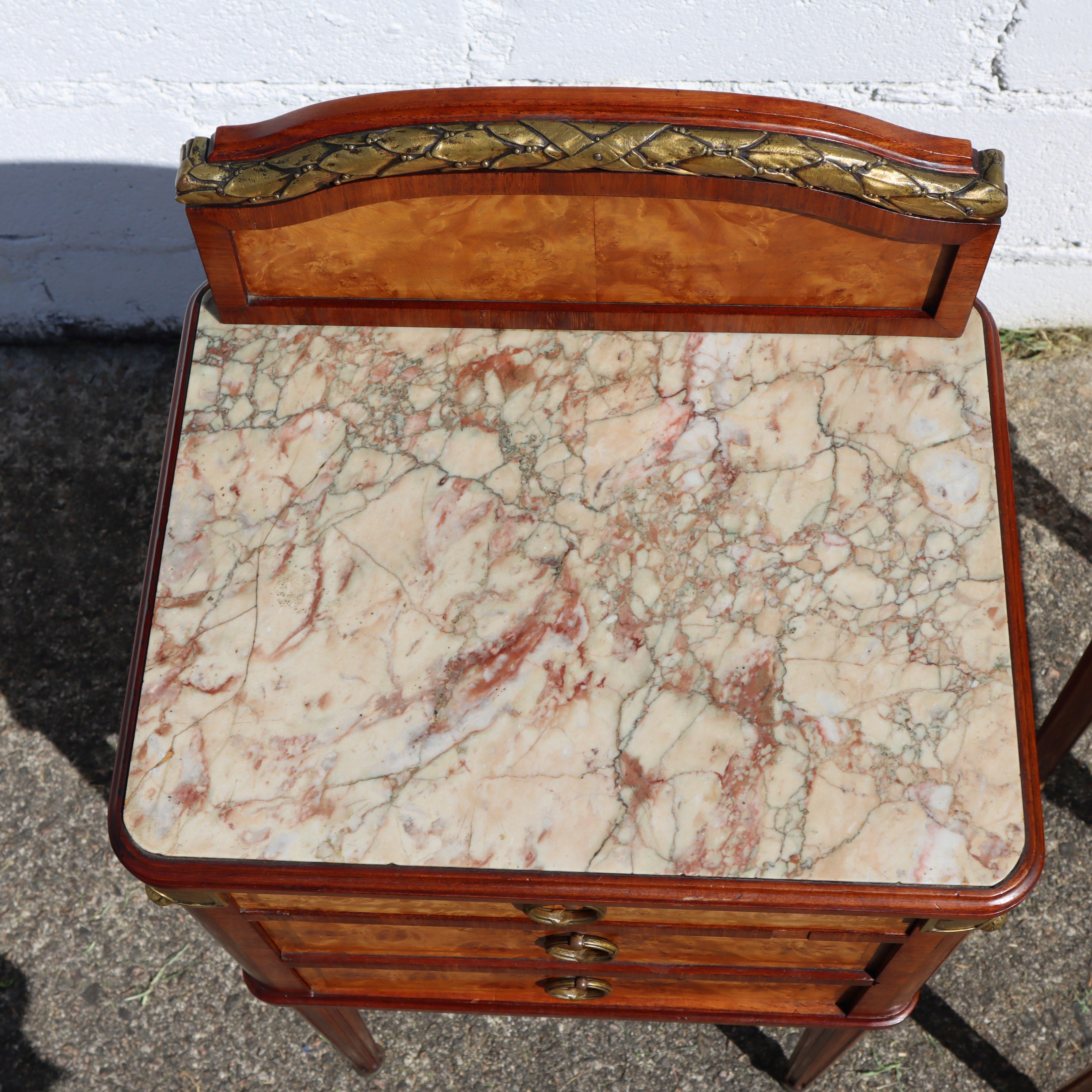 Pair of 2 French Antique Marble and Marquetry Nightstands-20s 5