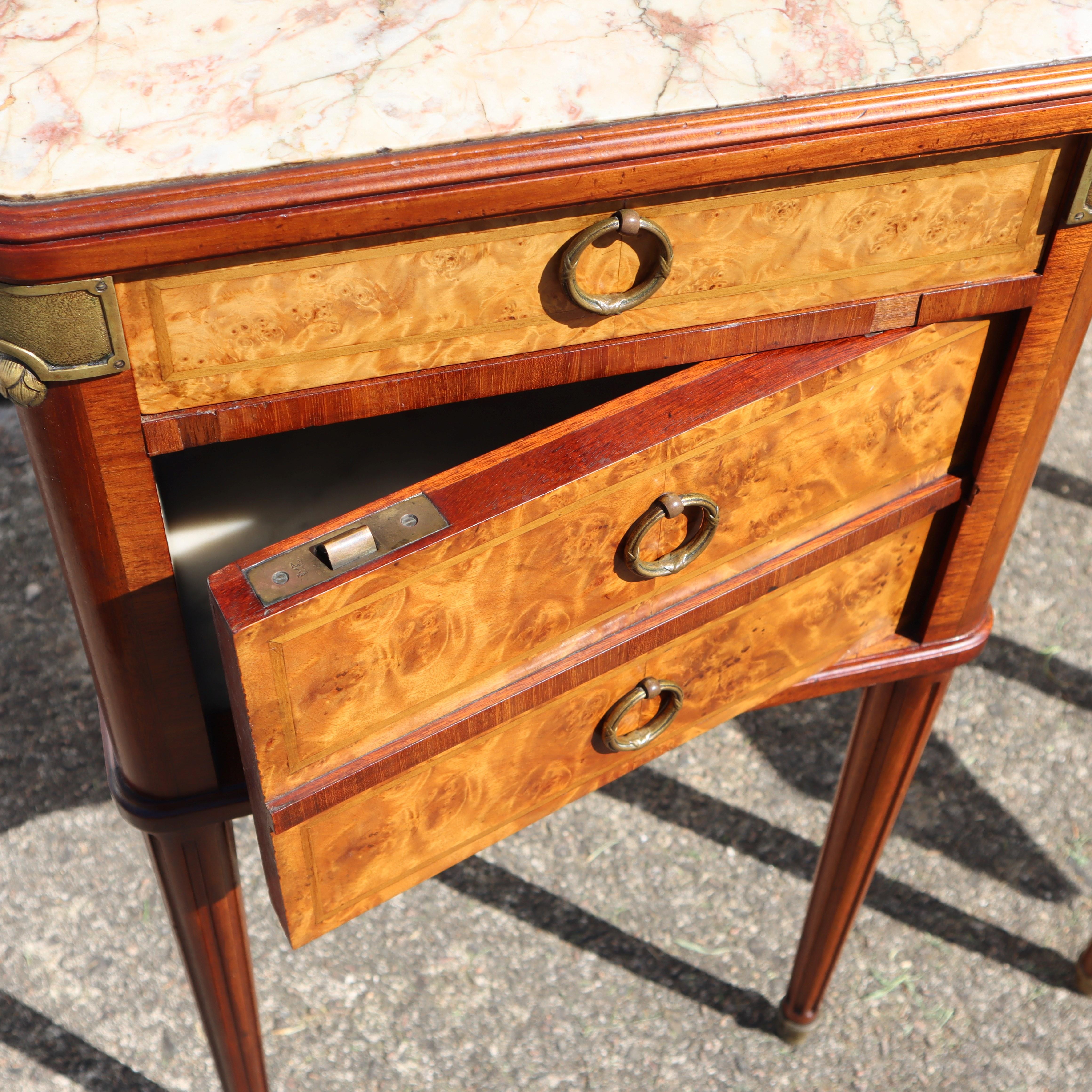 Pair of 2 French Antique Marble and Marquetry Nightstands-20s 7