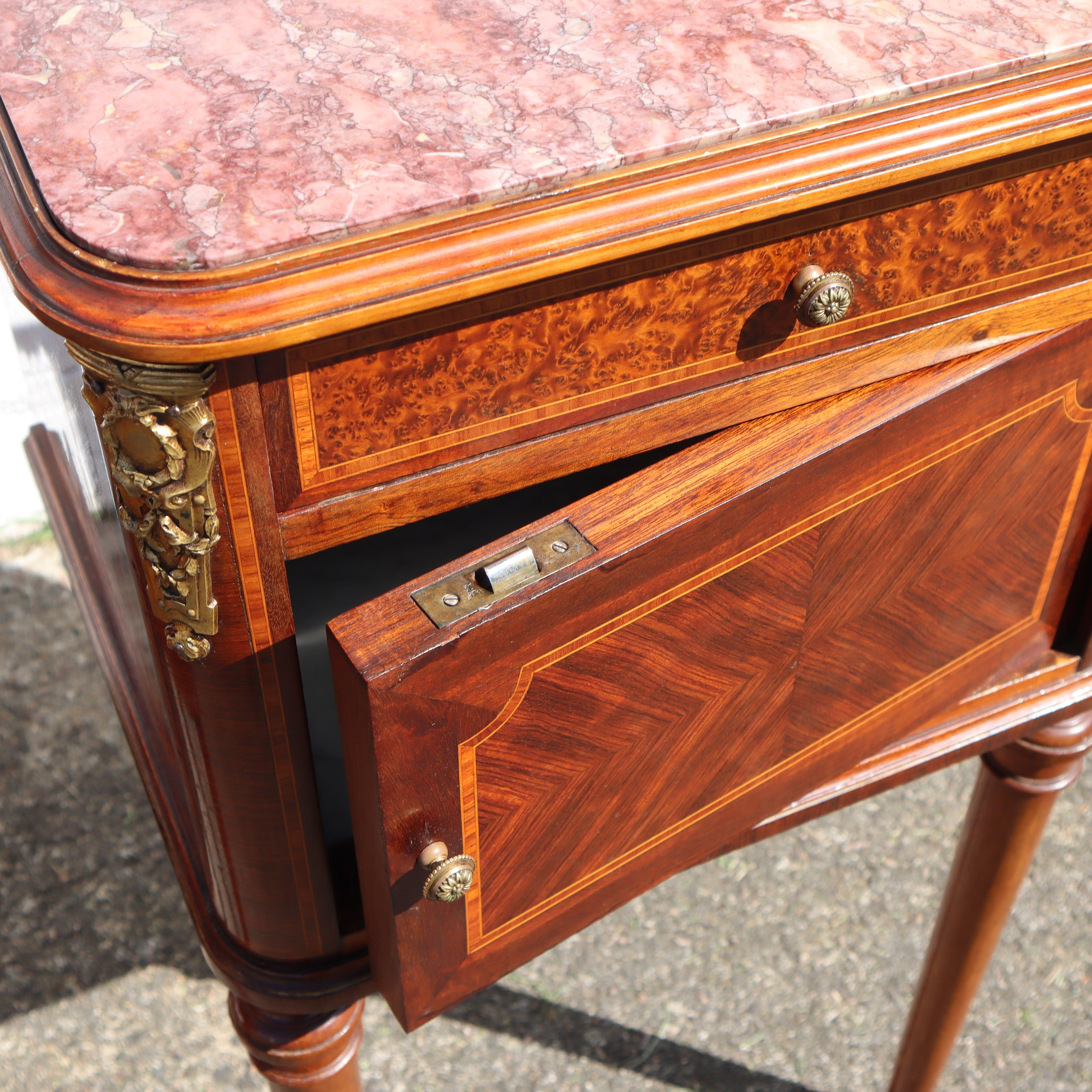 Pair of 2 French Antique Marble and Marquetry Nightstands-20s 8