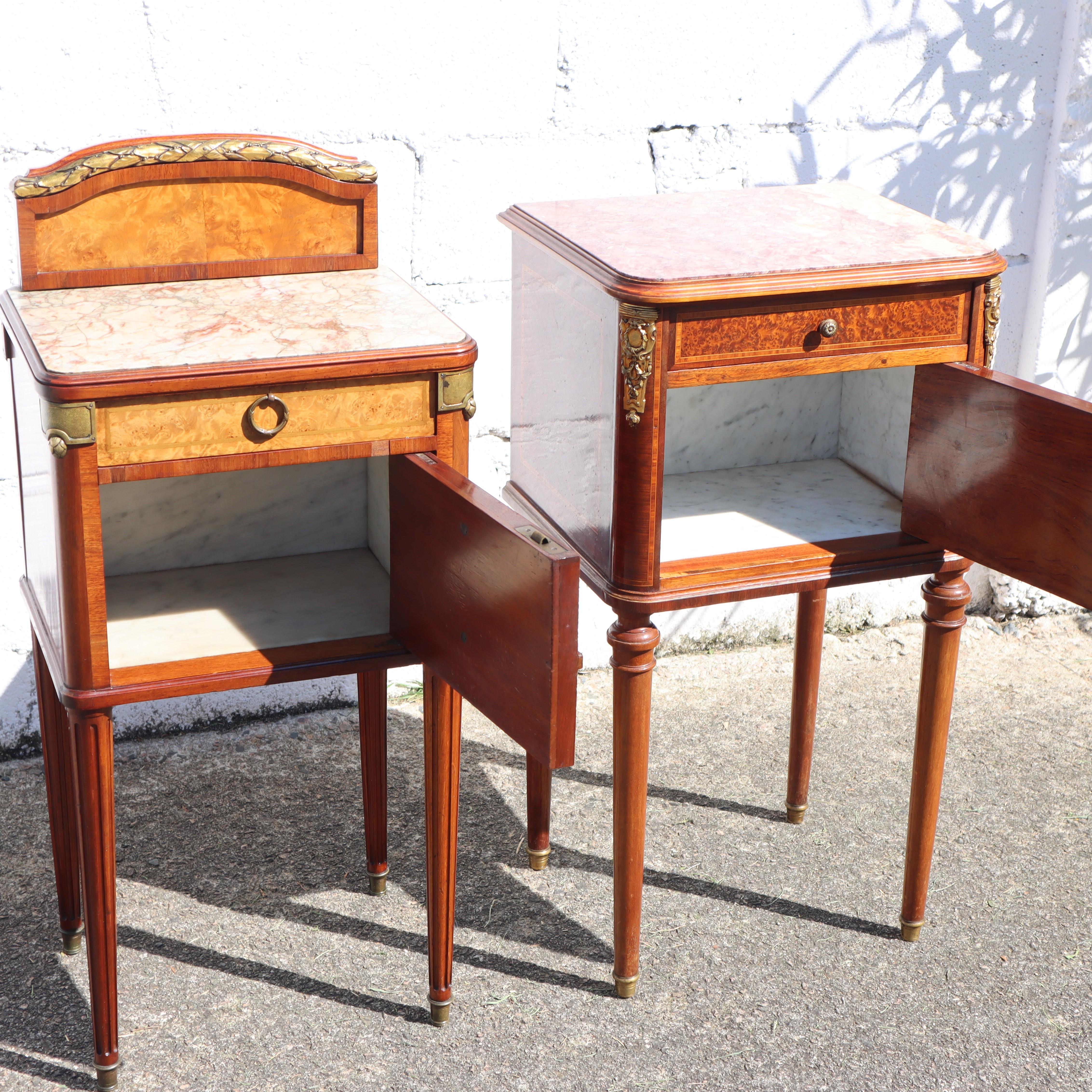 Pair of 2 French Antique Marble and Marquetry Nightstands-20s 9