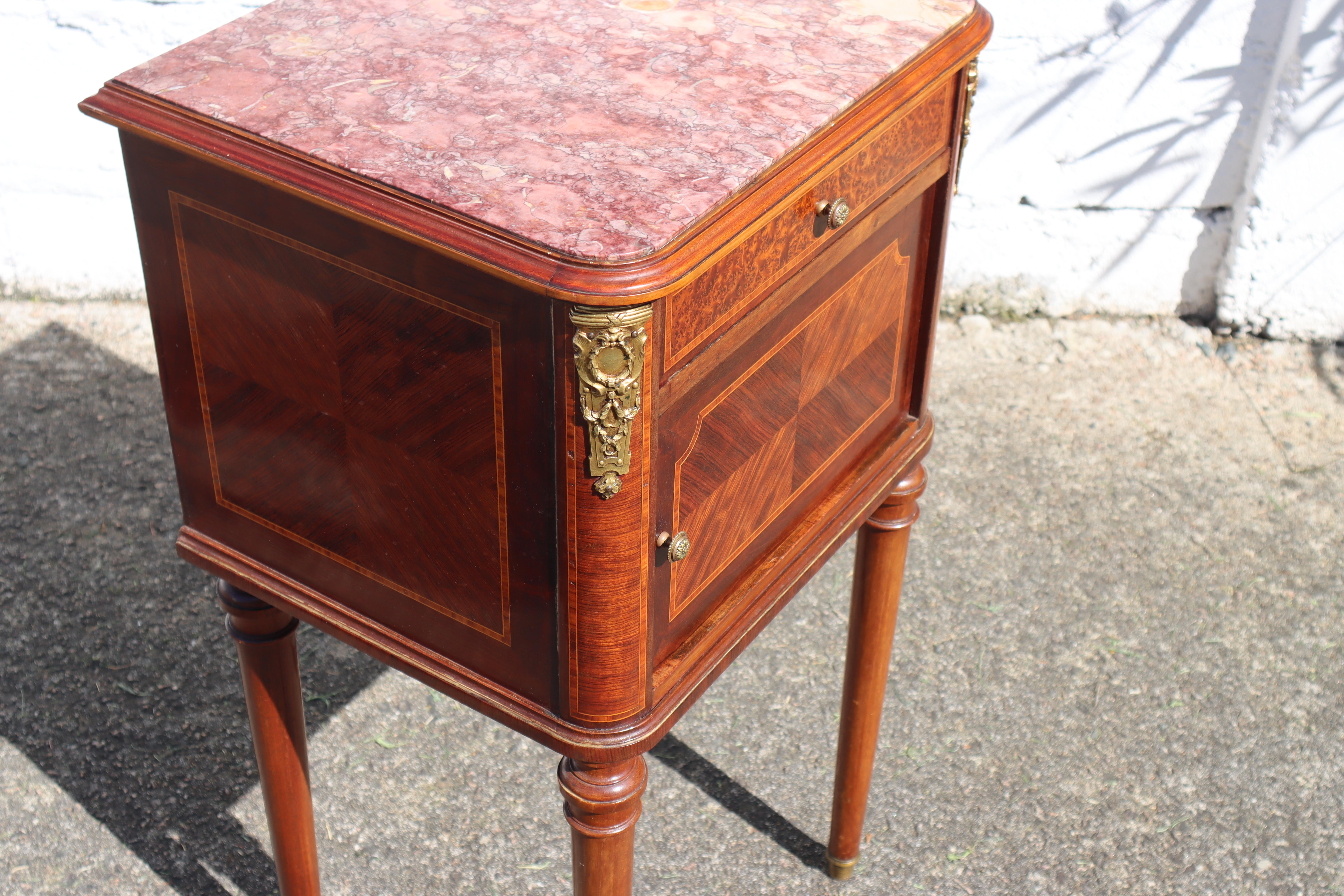 Pair of 2 French Antique Marble and Marquetry Nightstands-20s 12