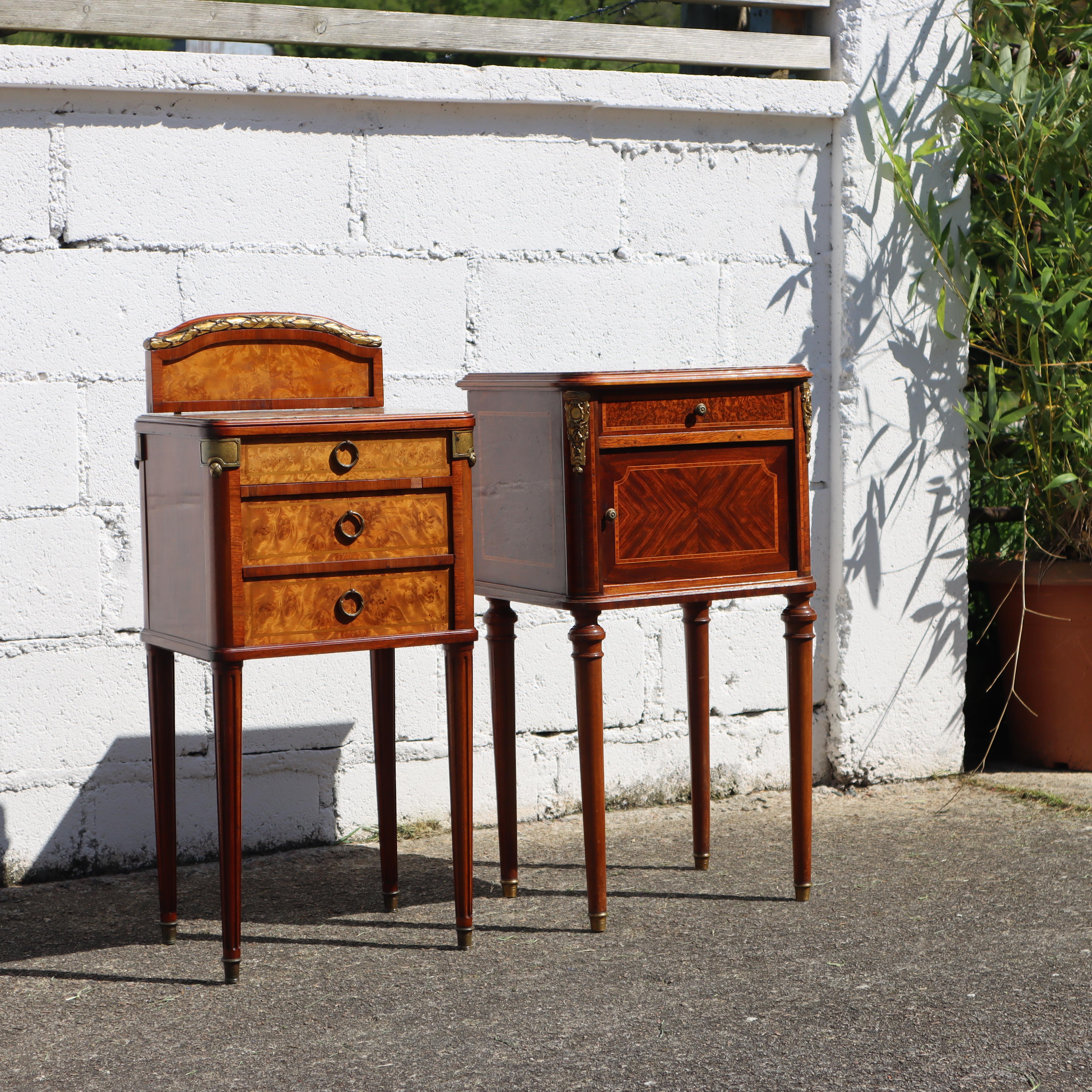 Louis XVI Pair of 2 French Antique Marble and Marquetry Nightstands-20s