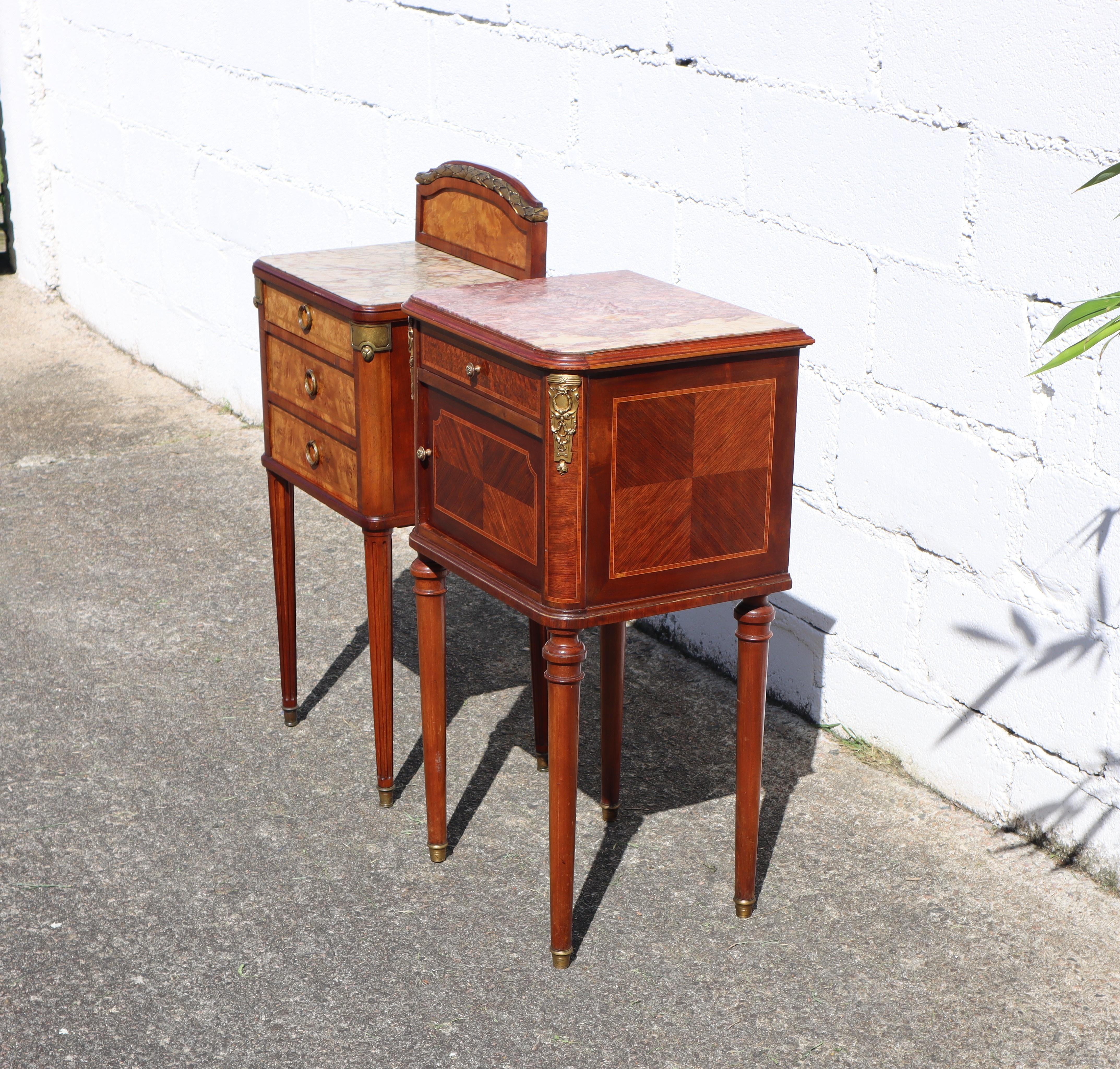 Early 20th Century Pair of 2 French Antique Marble and Marquetry Nightstands-20s