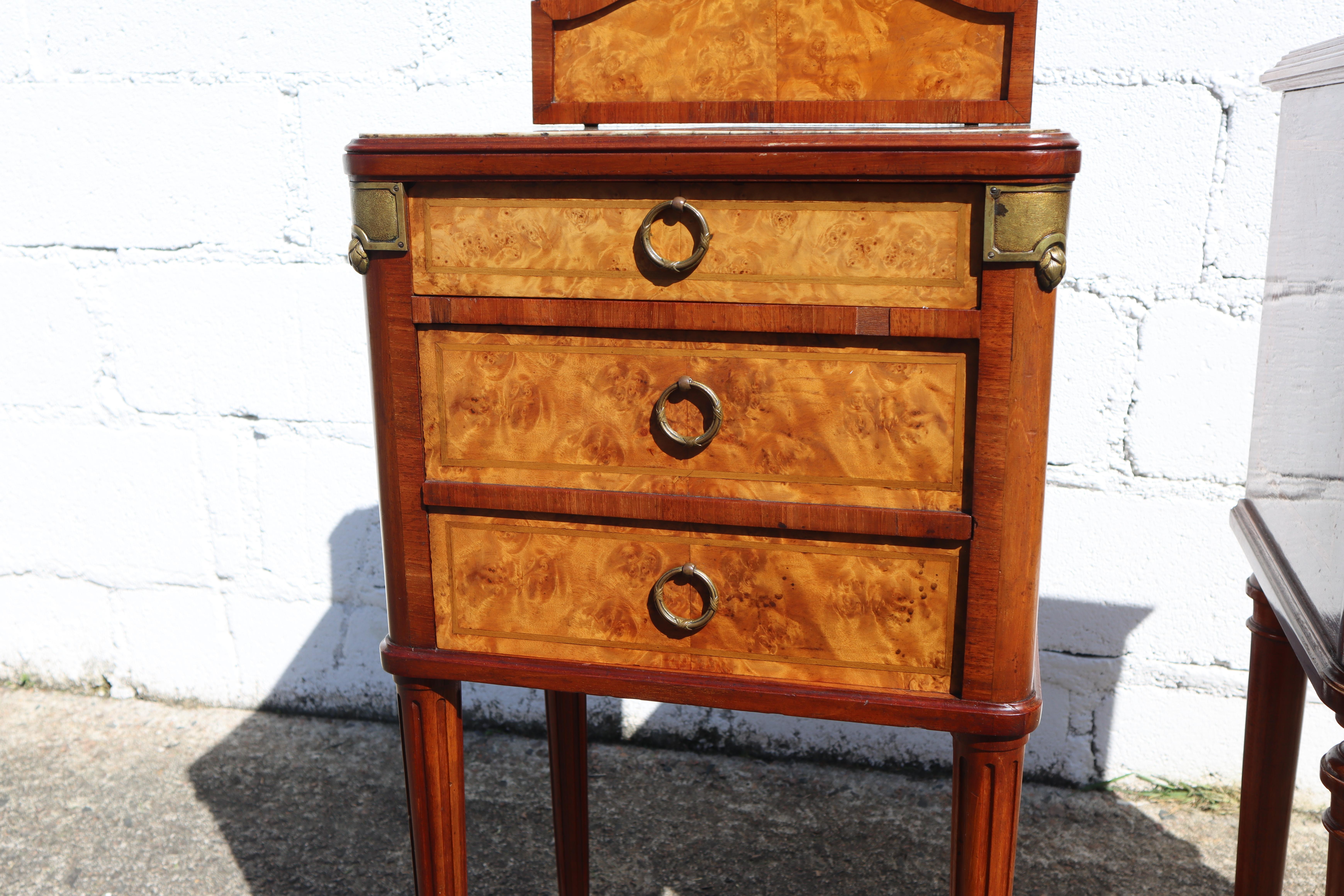Pair of 2 French Antique Marble and Marquetry Nightstands-20s 2