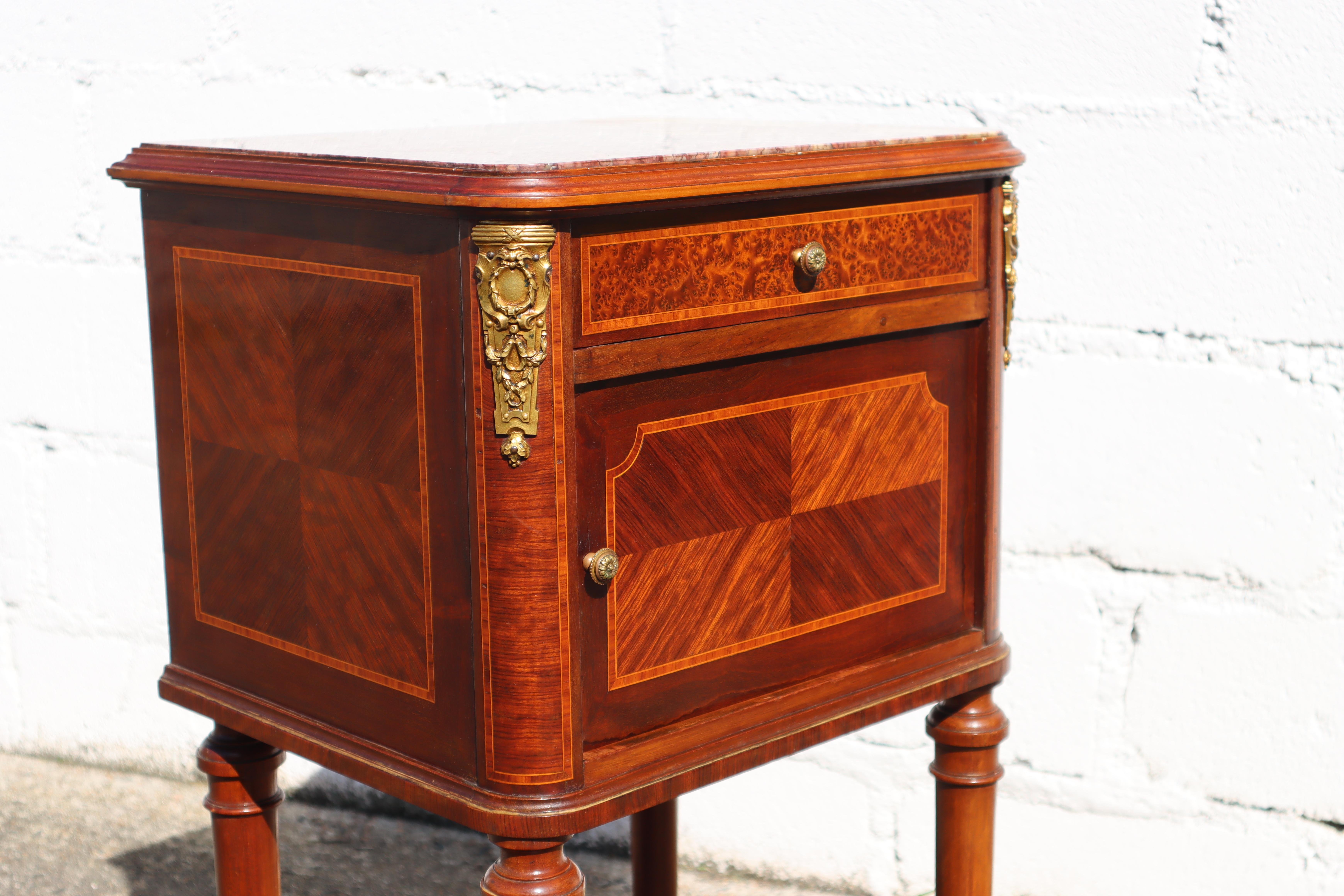 Pair of 2 French Antique Marble and Marquetry Nightstands-20s 3