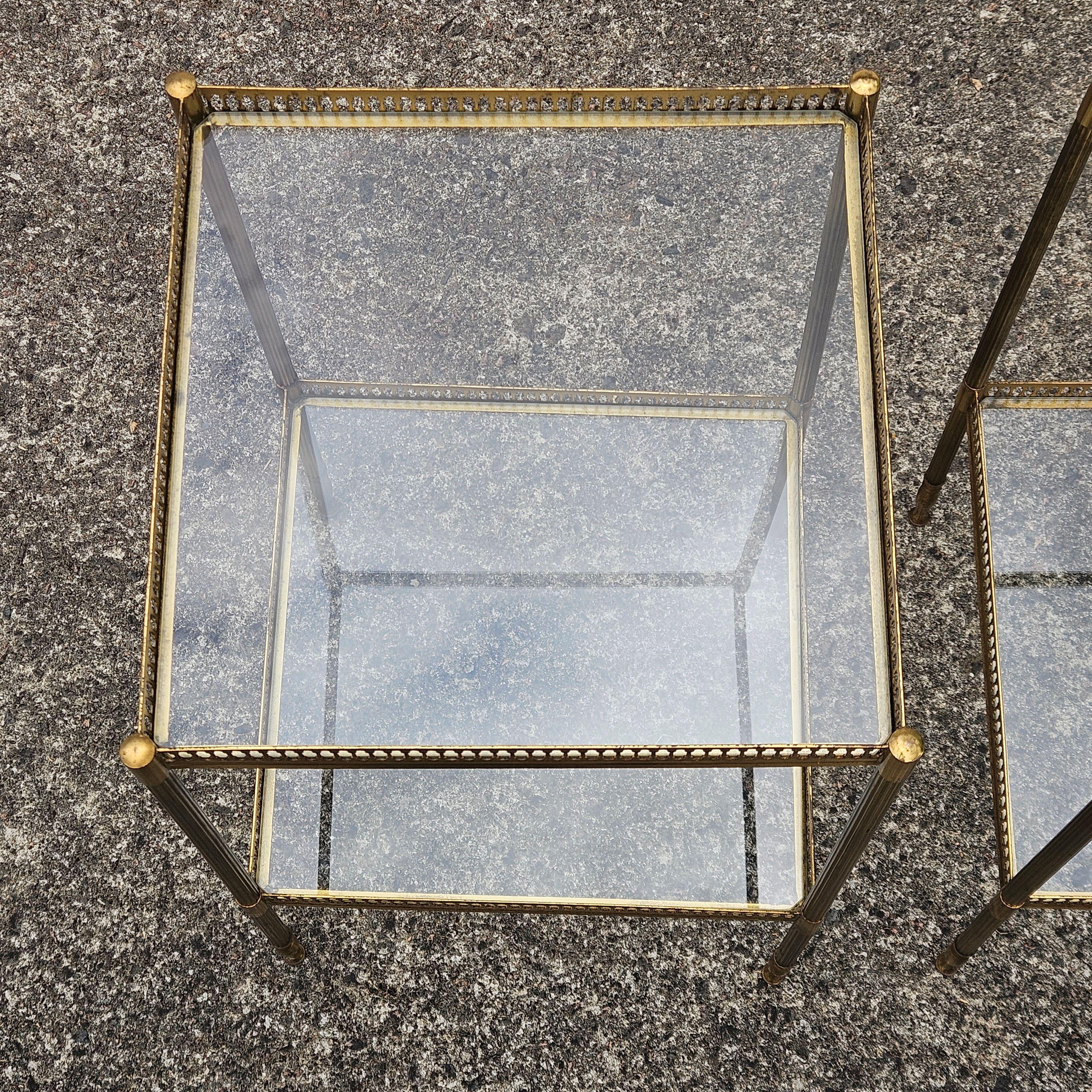 Pair of 2 French Neoclassical Glas +Brass Double Tier Consoles-Nightstands For Sale 5