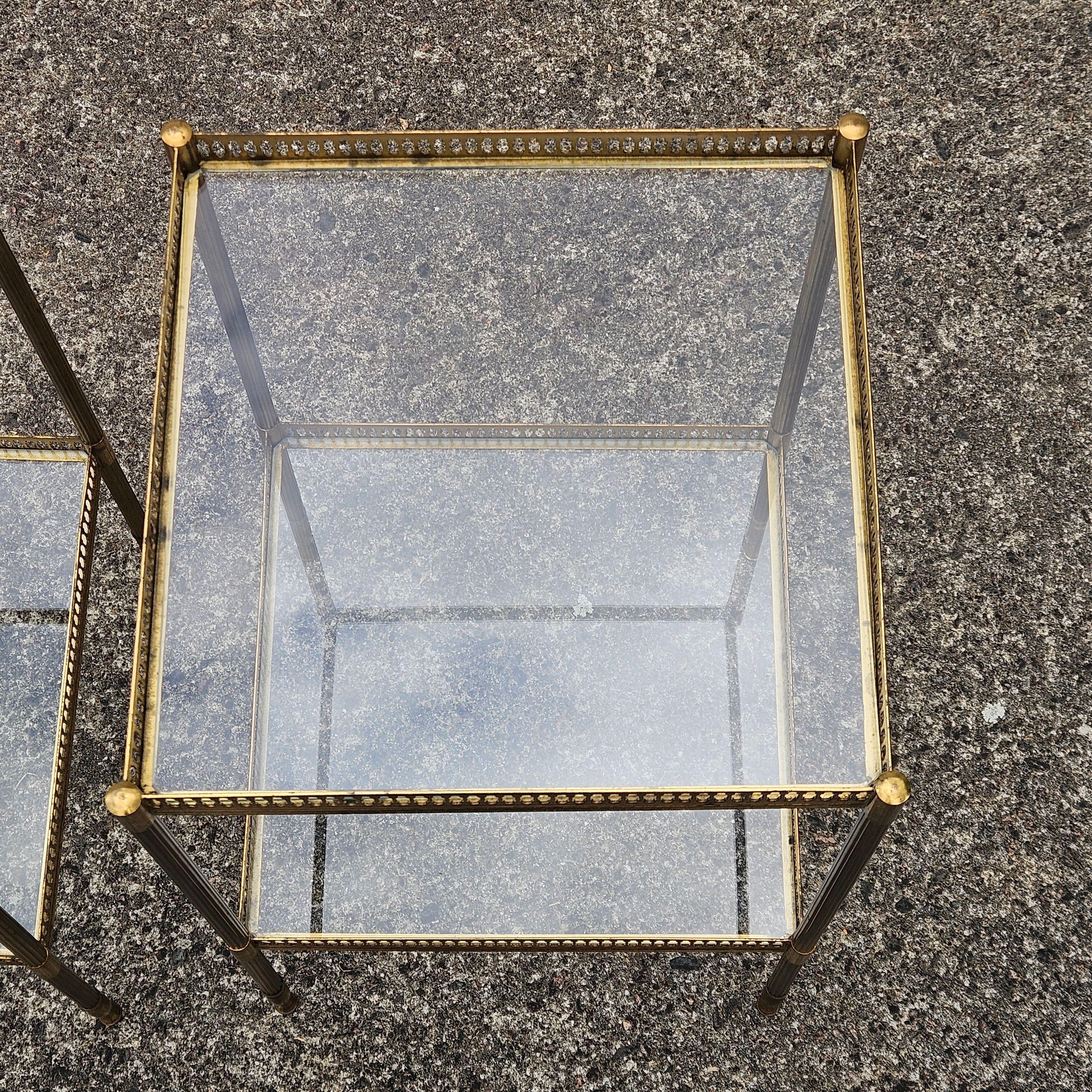 Pair of 2 French Neoclassical Glas +Brass Double Tier Consoles-Nightstands For Sale 6