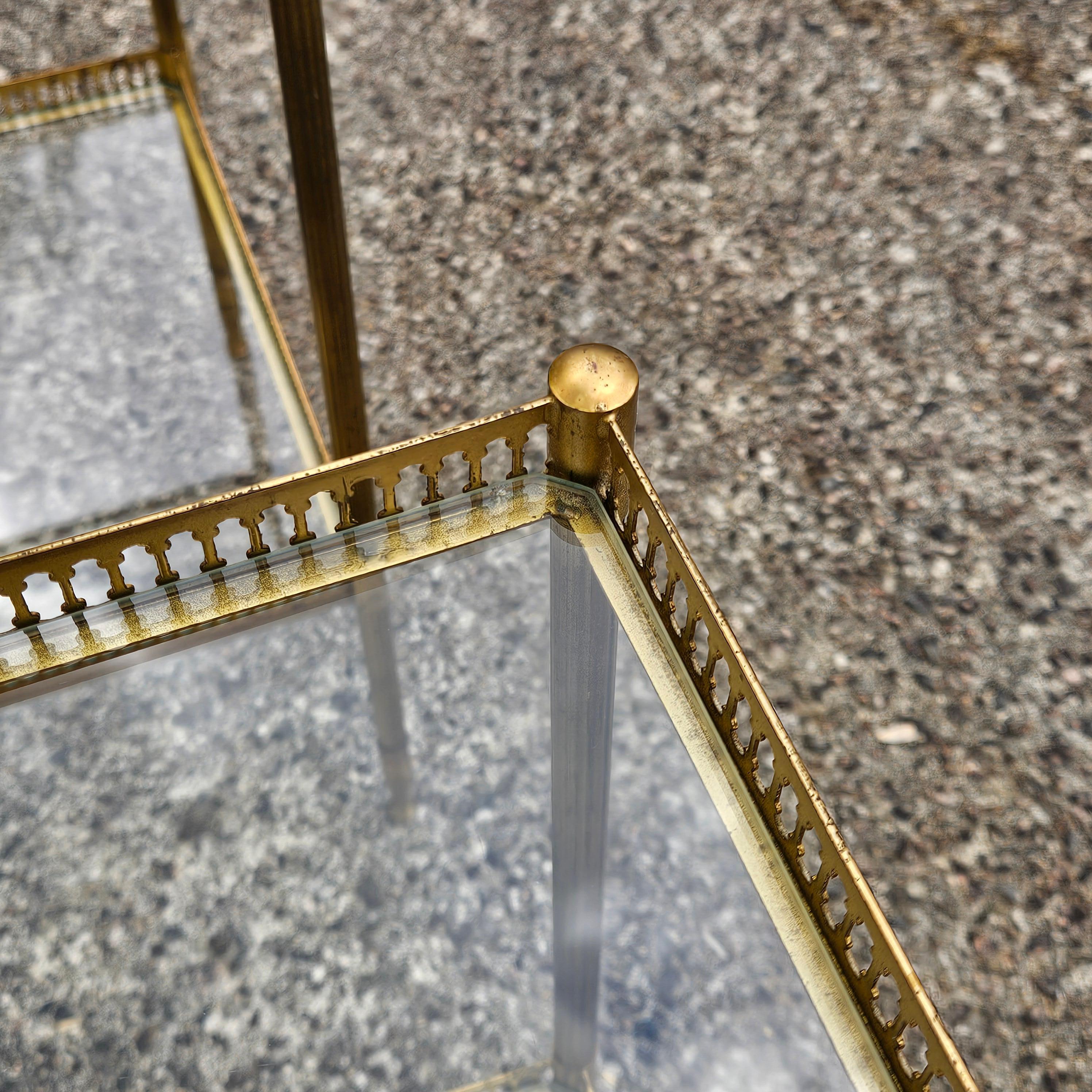 Pair of 2 French Neoclassical Glas +Brass Double Tier Consoles-Nightstands For Sale 7