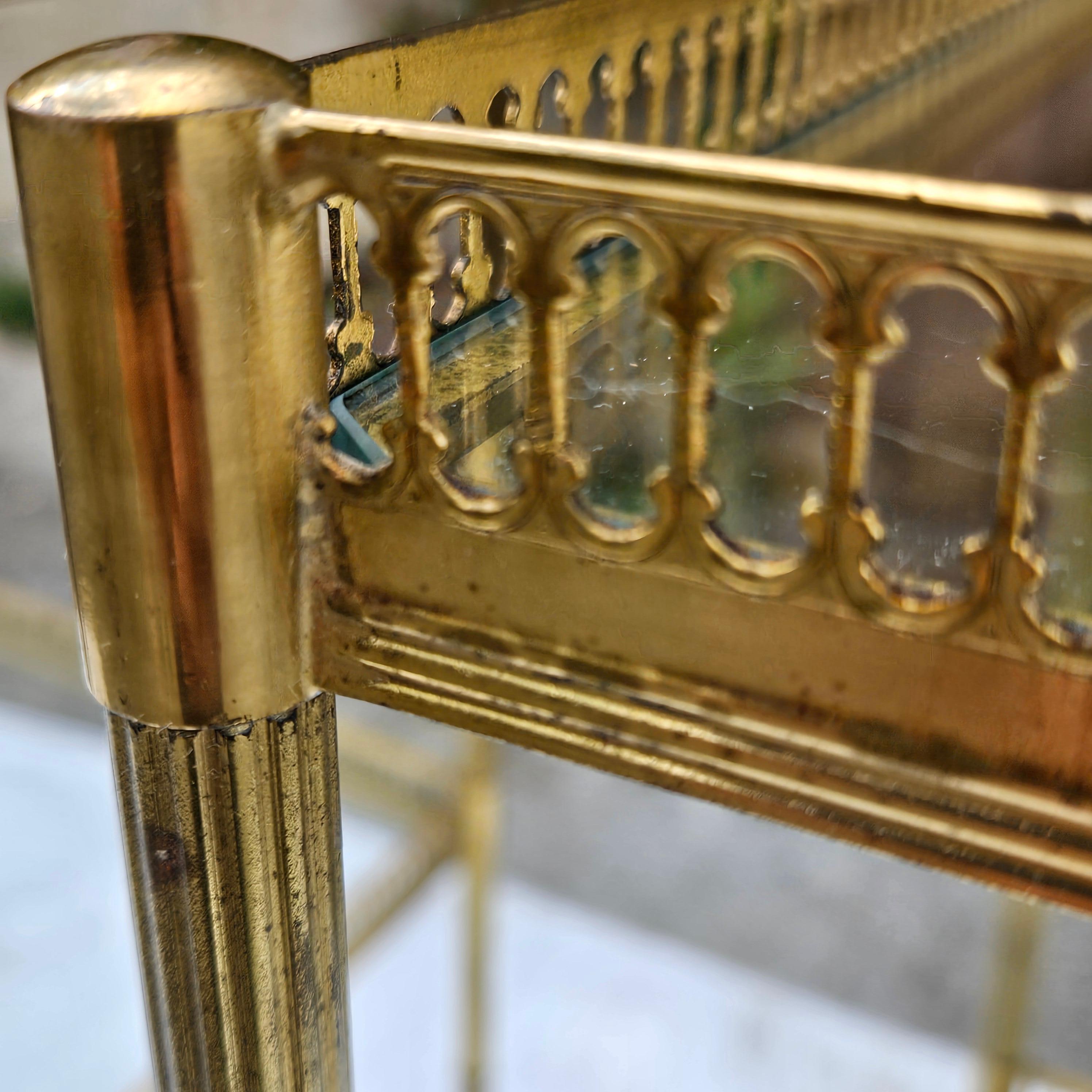 Pair of 2 French Neoclassical Glas +Brass Double Tier Consoles-Nightstands For Sale 8