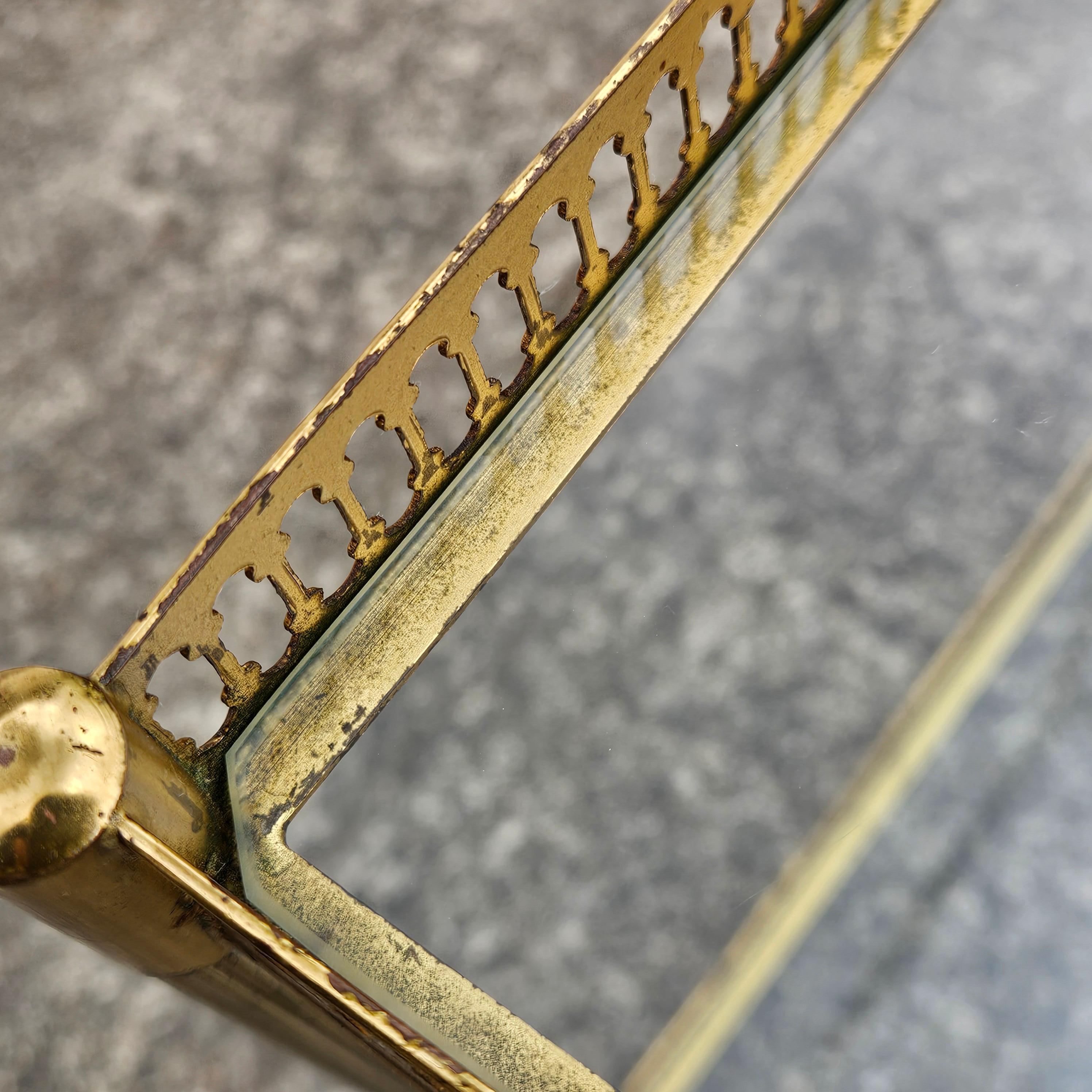 Pair of 2 French Neoclassical Glas +Brass Double Tier Consoles-Nightstands For Sale 11