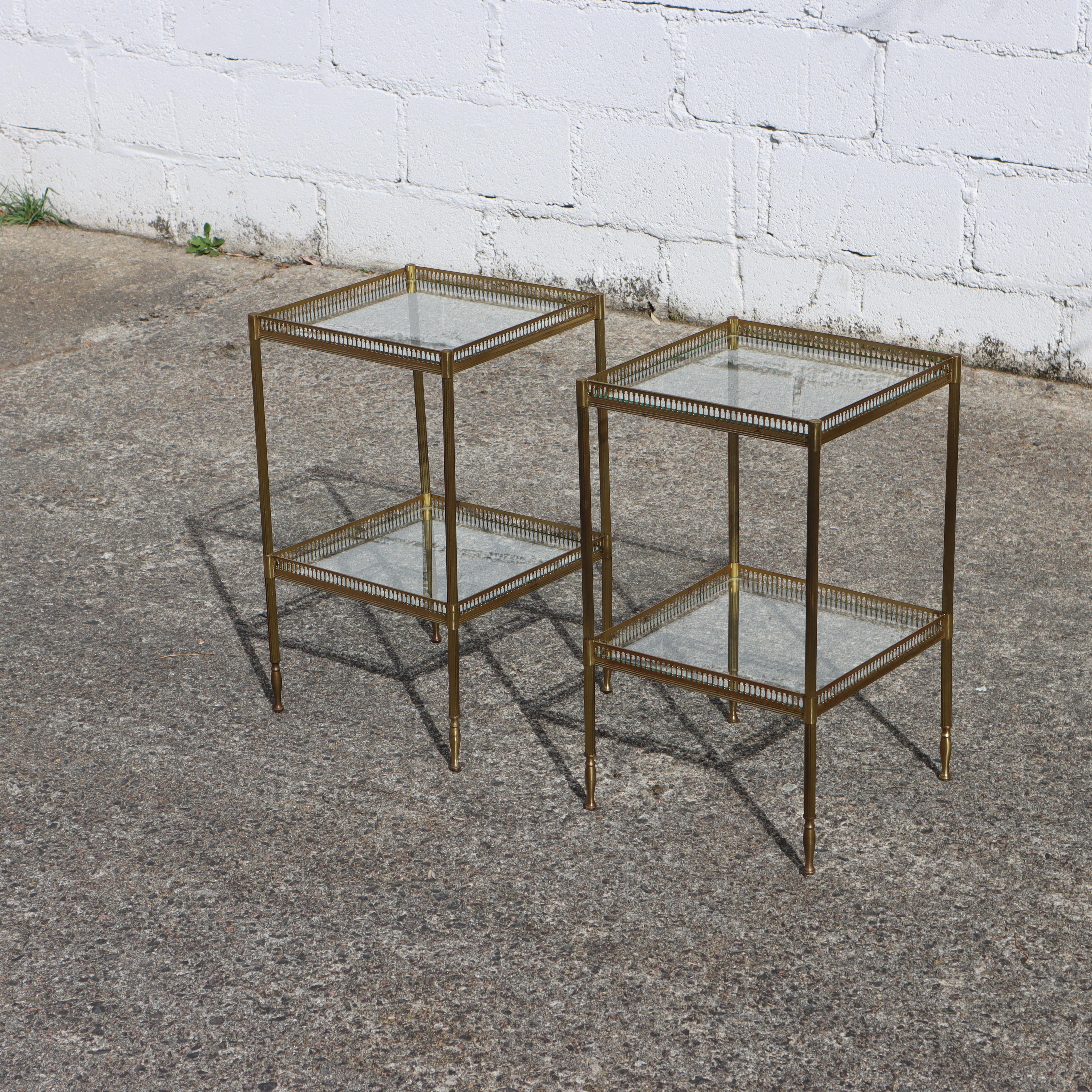 Pair of 2 French Neoclassical Glas +Brass Double Tier Consoles-Nightstands For Sale 12