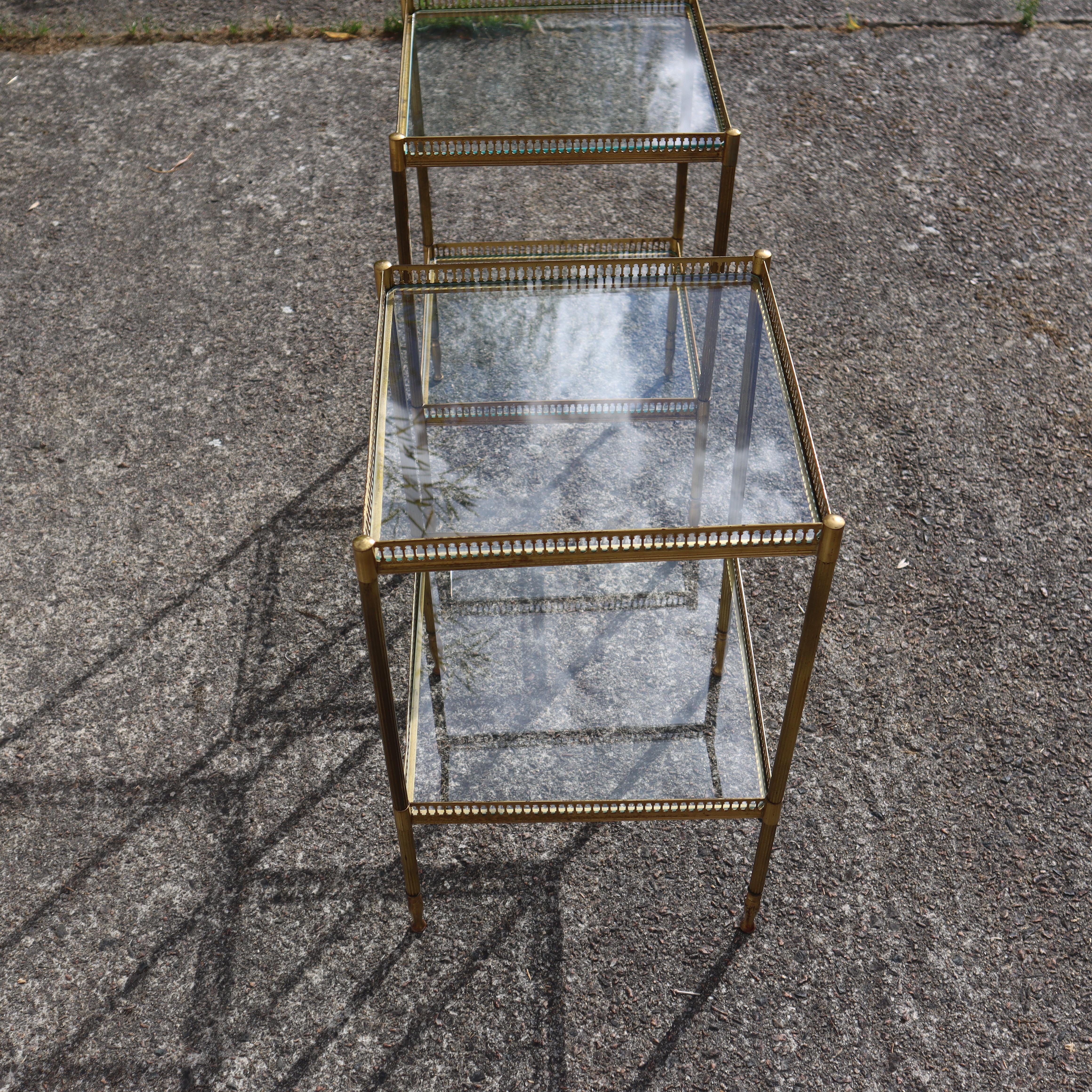 Pair of 2 French Neoclassical Glas +Brass Double Tier Consoles-Nightstands For Sale 13