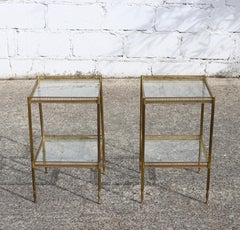 Pair of 2 French Neoclassical Glas +Brass Double Tier Consoles-Nightstands