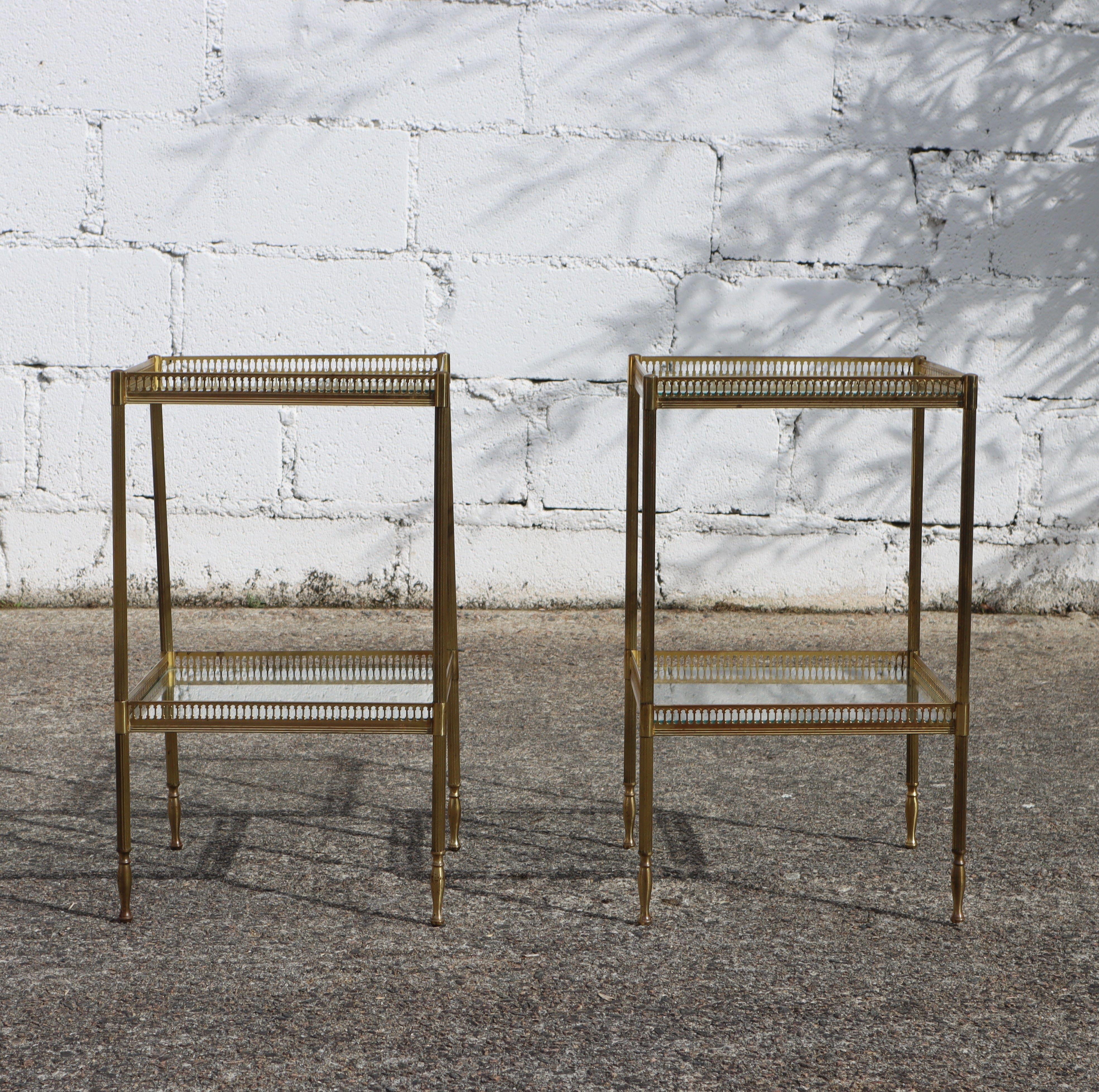 Hand-Crafted Pair of 2 French Neoclassical Glas +Brass Double Tier Consoles-Nightstands For Sale