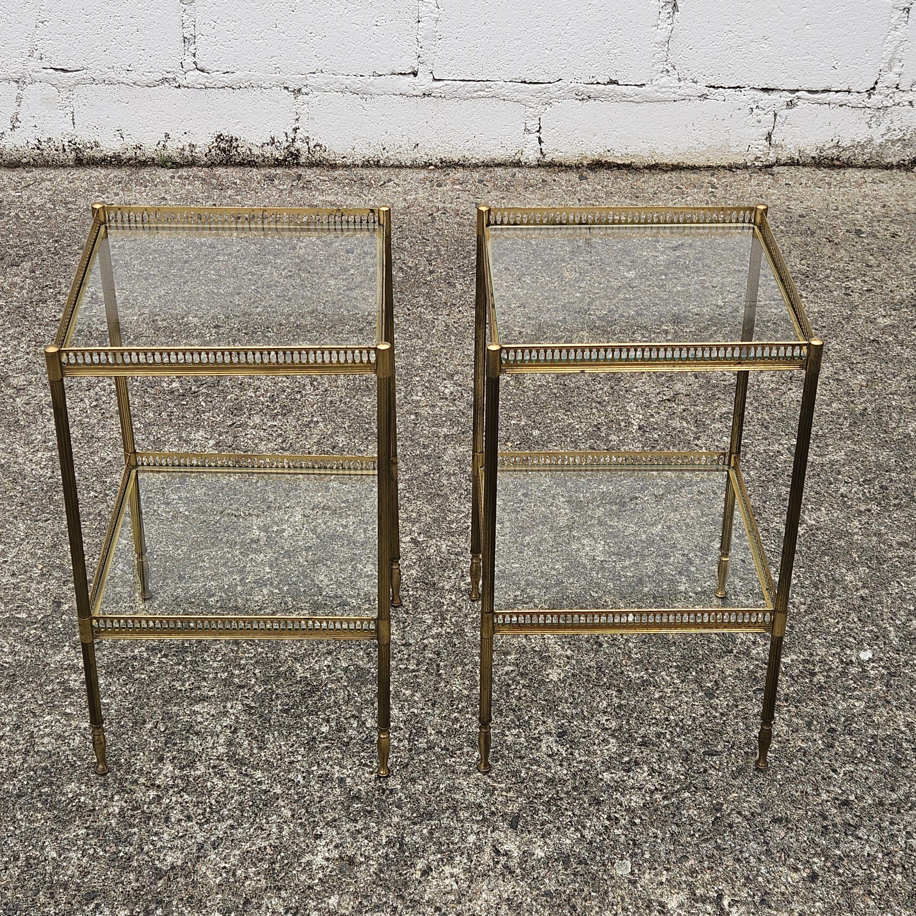 Pair of 2 French Neoclassical Glas +Brass Double Tier Consoles-Nightstands In Good Condition For Sale In Bussiere Dunoise, Nouvel Aquitaine