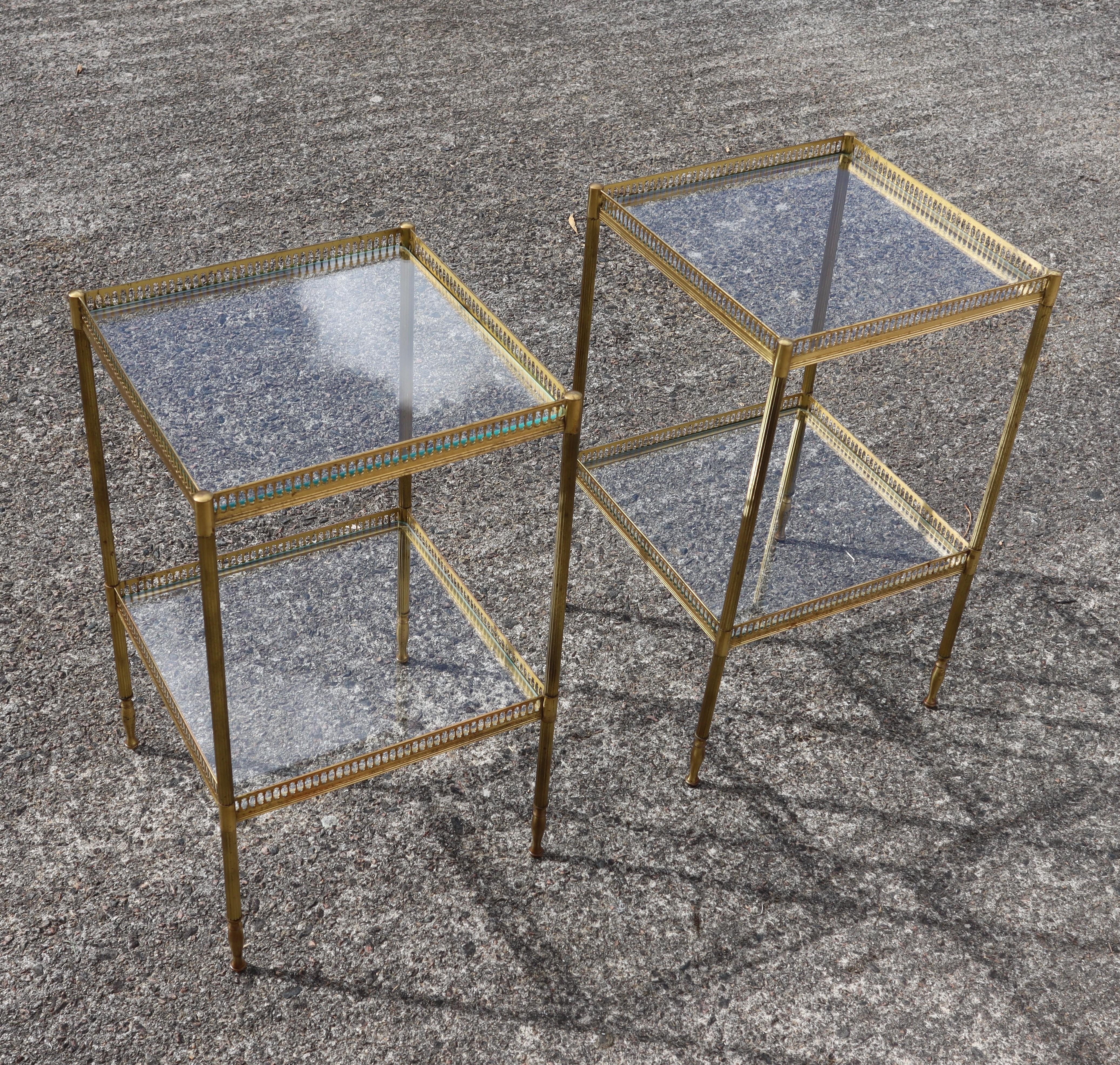 Mid-20th Century Pair of 2 French Neoclassical Glas +Brass Double Tier Consoles-Nightstands For Sale