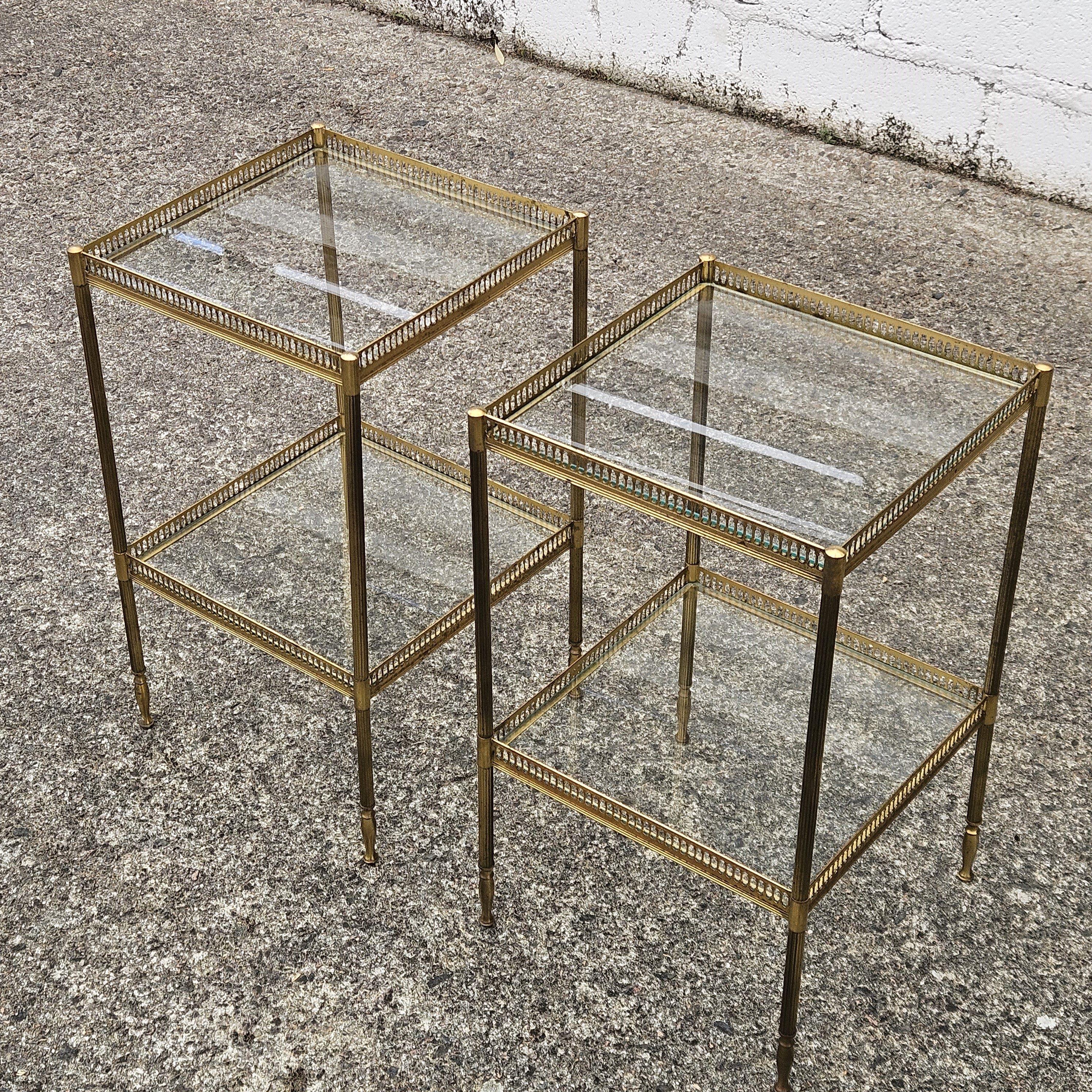 Pair of 2 French Neoclassical Glas +Brass Double Tier Consoles-Nightstands For Sale 1