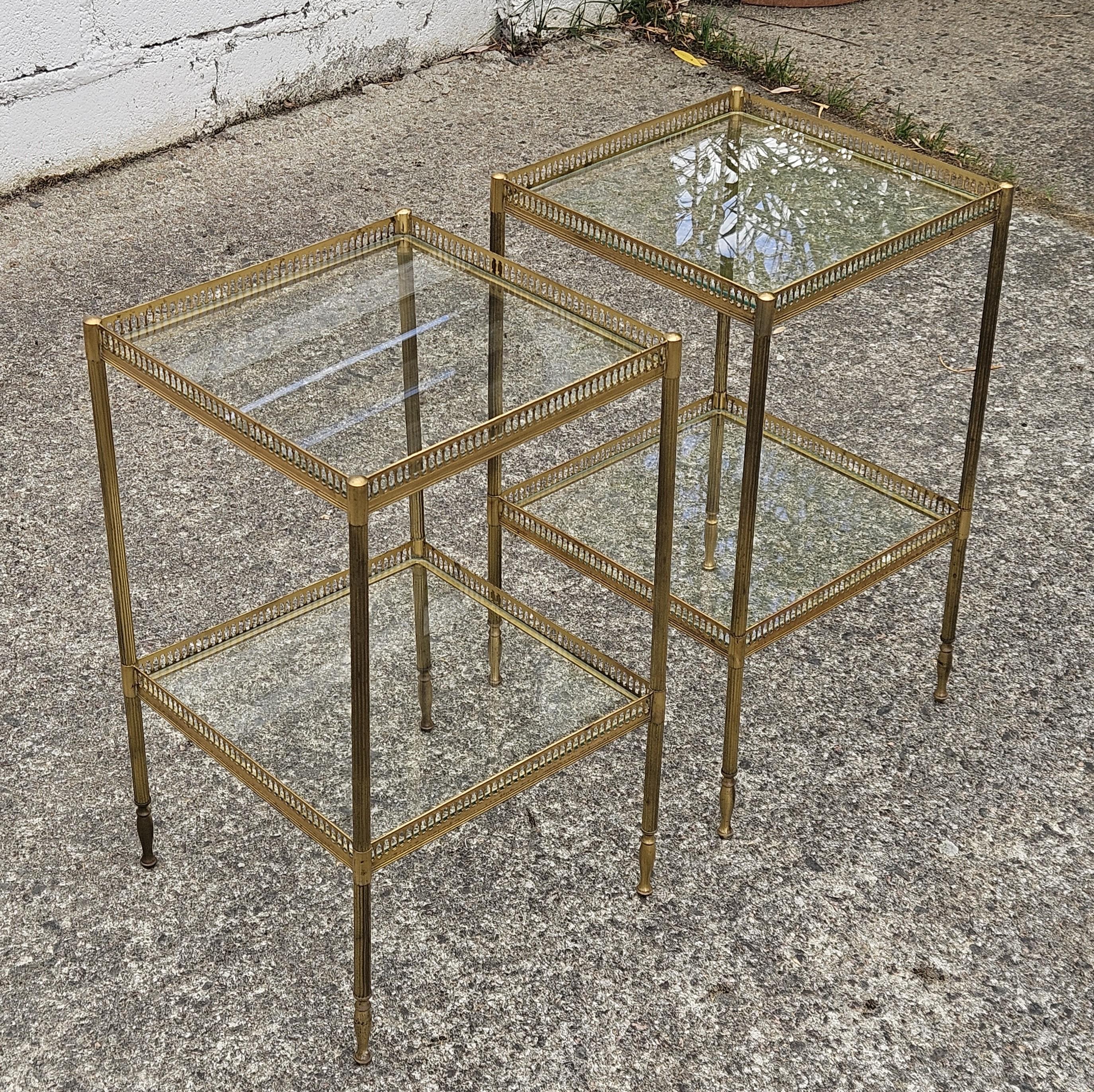 Pair of 2 French Neoclassical Glas +Brass Double Tier Consoles-Nightstands For Sale 2