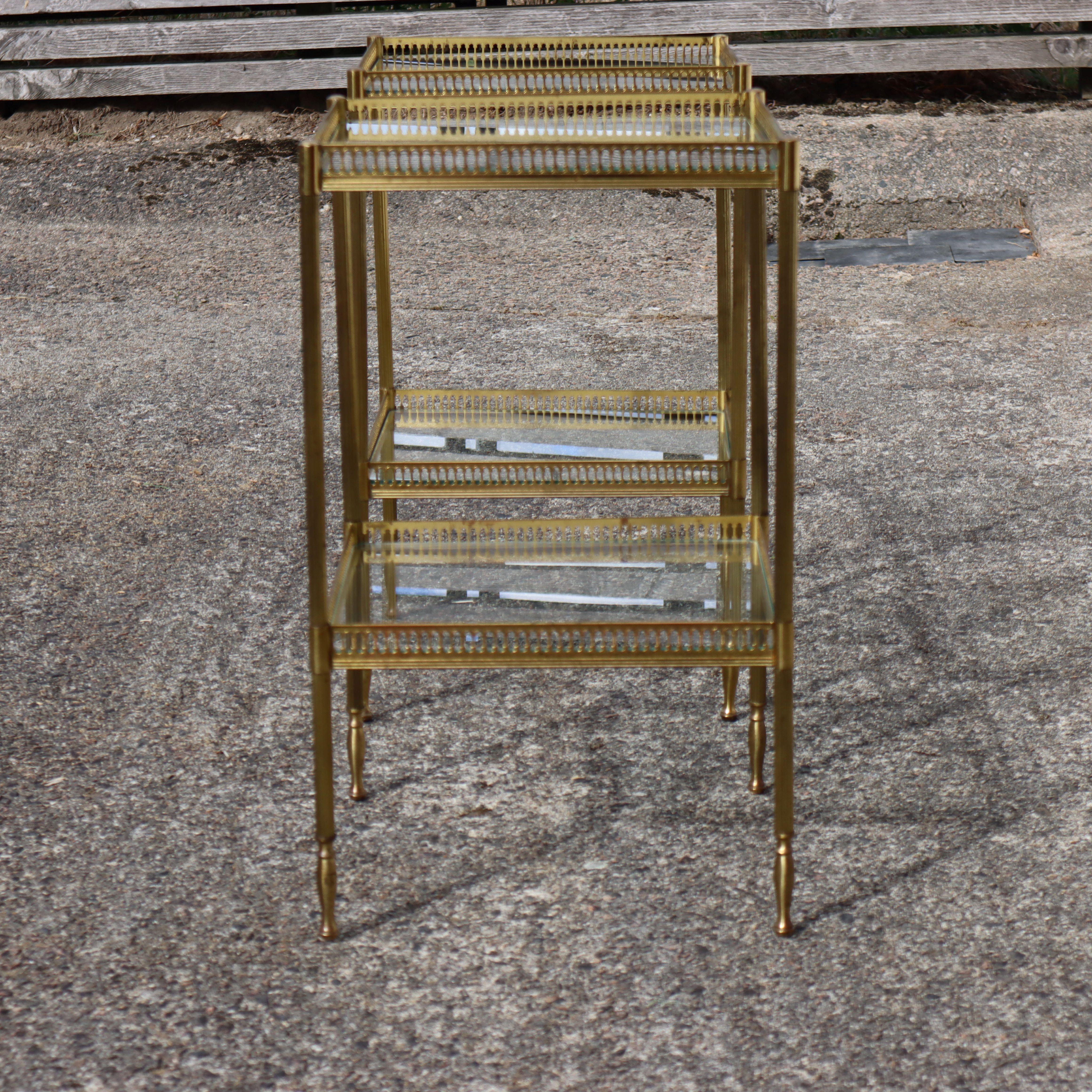 Pair of 2 French Neoclassical Glas +Brass Double Tier Consoles-Nightstands For Sale 3