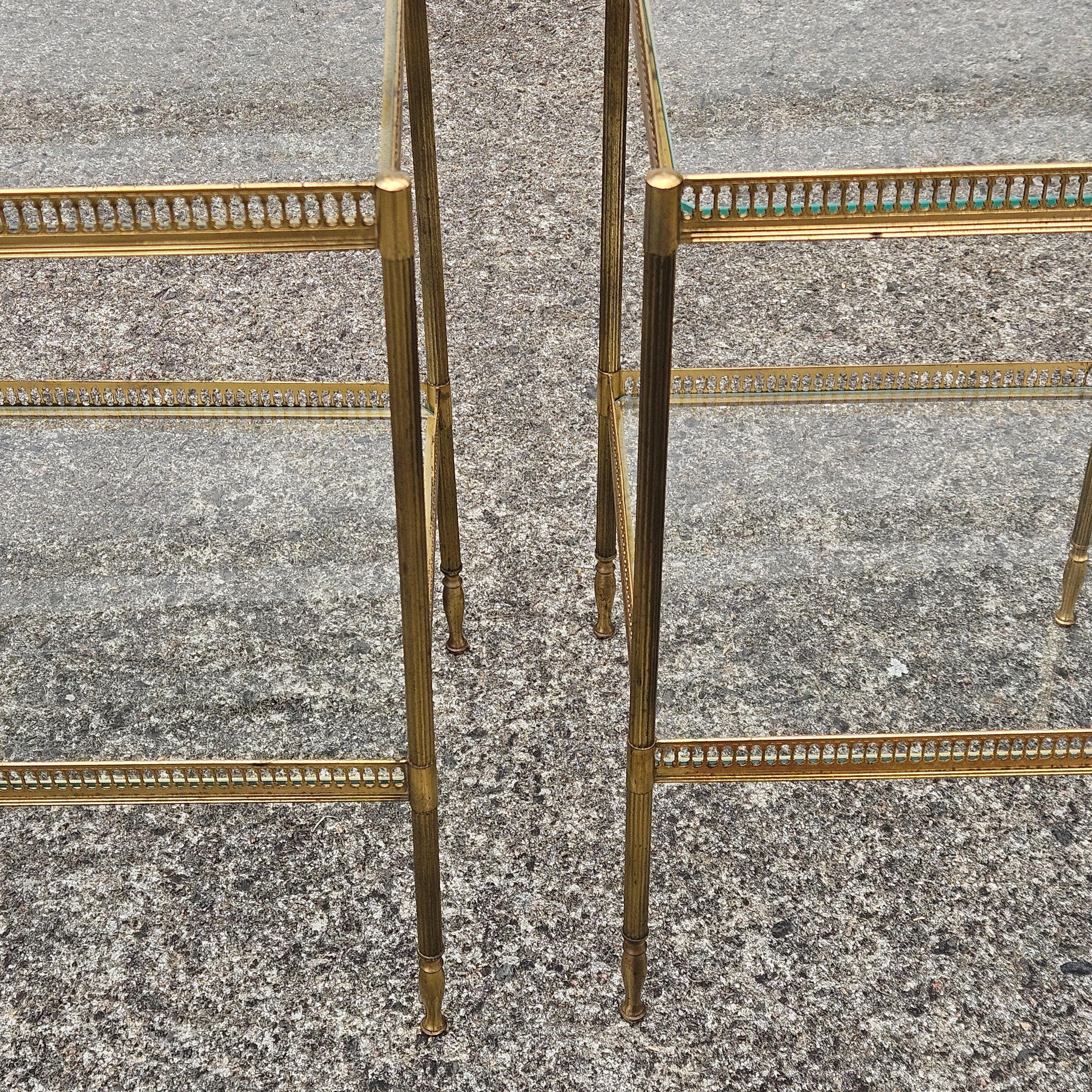 Pair of 2 French Neoclassical Glas +Brass Double Tier Consoles-Nightstands For Sale 4