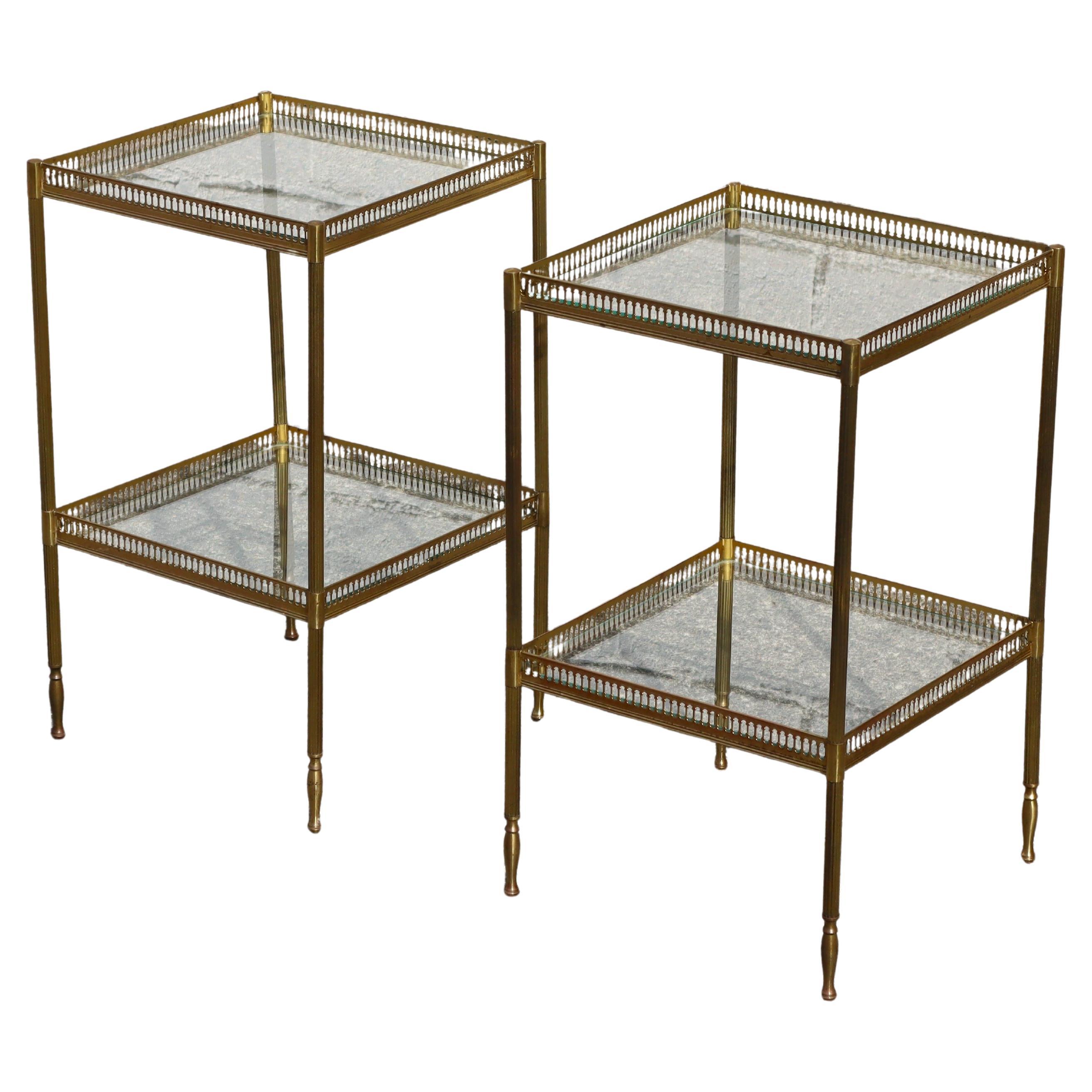 Pair of 2 French Neoclassical Glas +Brass Double Tier Consoles-Nightstands For Sale