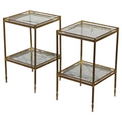 Pair of 2 French Neoclassical Glas +Brass Double Tier Consoles-Nightstands