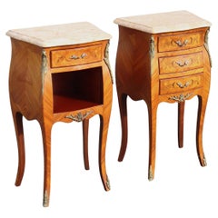 Pair of 2 French Vintage Marquetry Marble Nightstands-TablesStyle Louis XV-70s