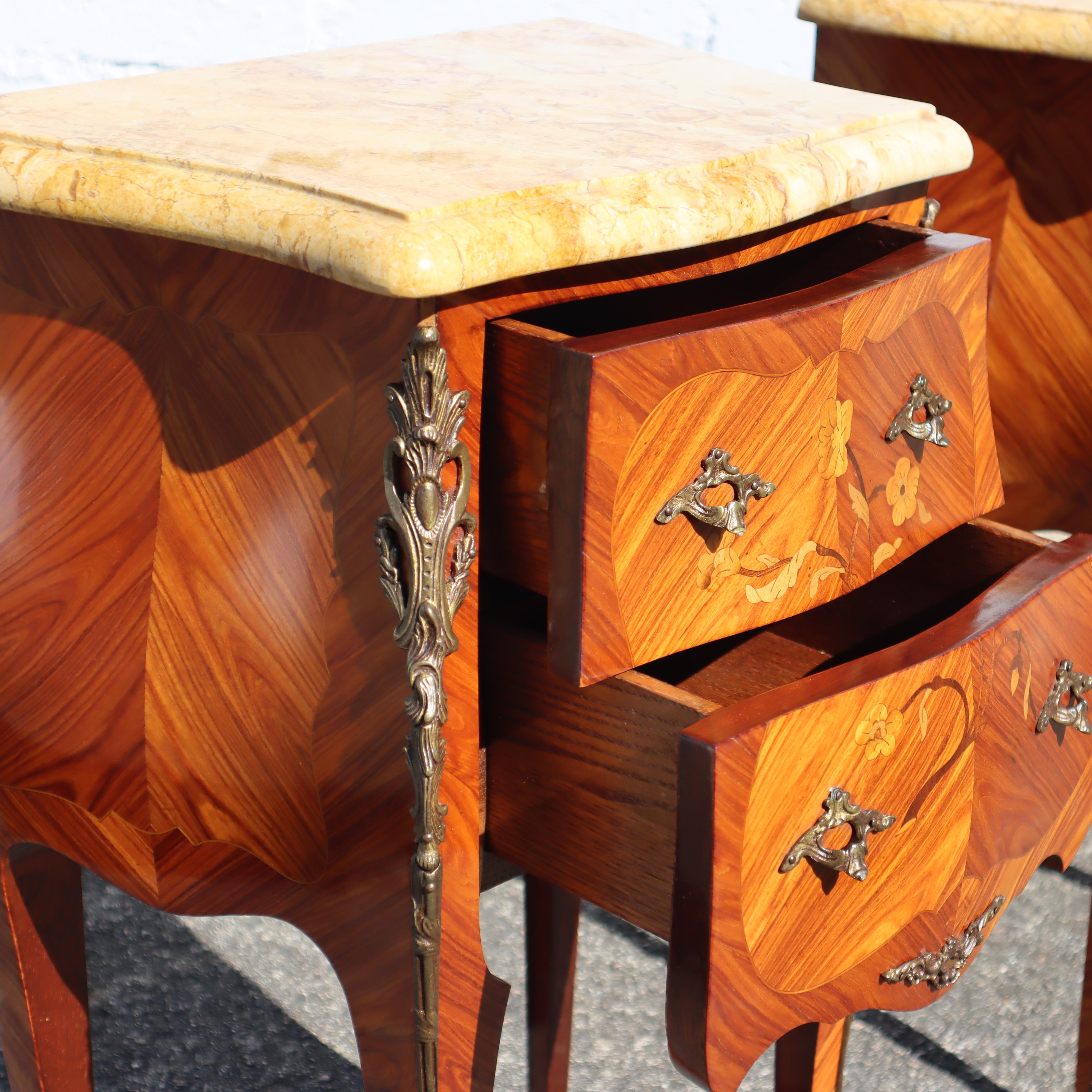 Pair of 2 French Vintage Rosewood Marquetry and Marble Bedside Tables   4