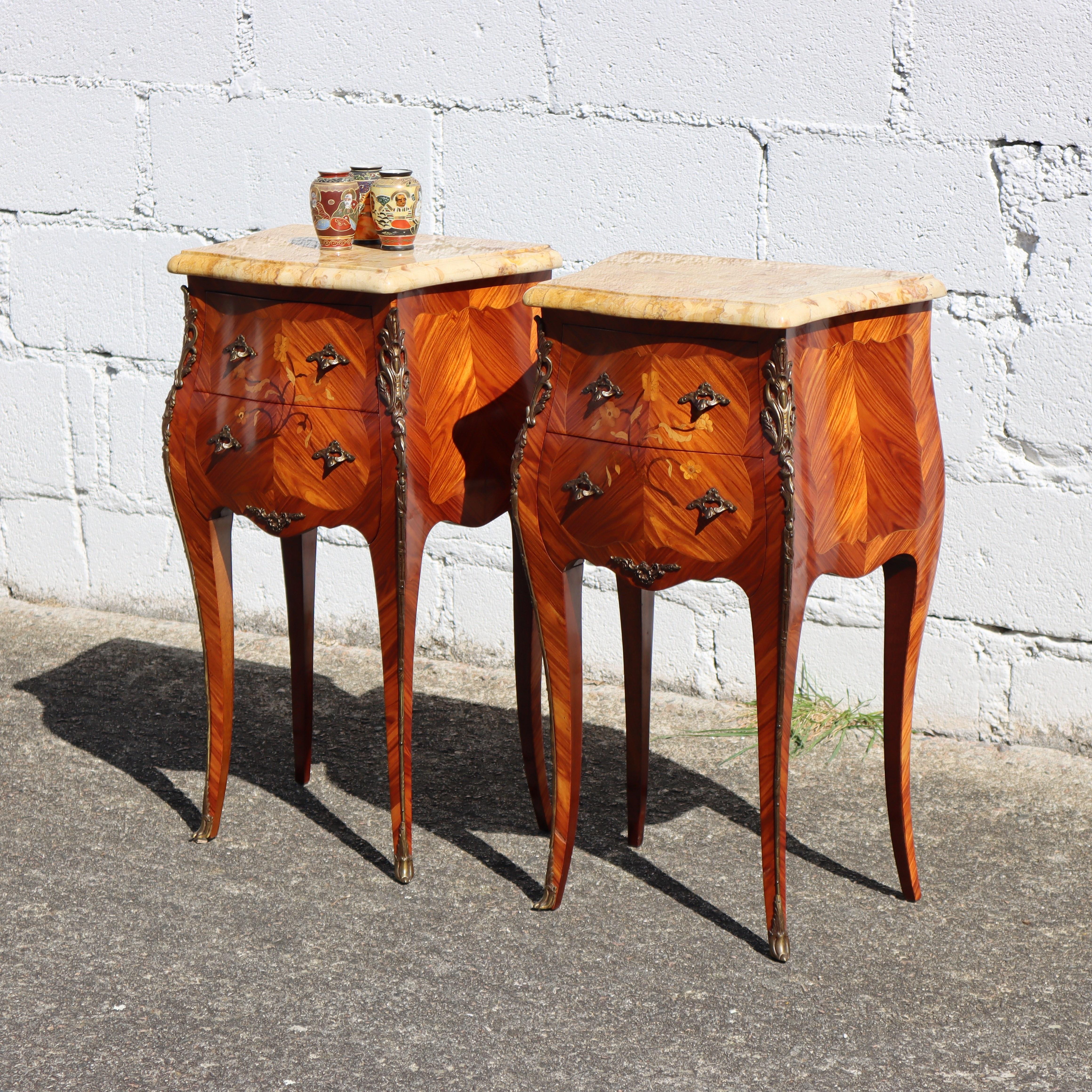 Pair of 2 French Vintage Rosewood Marquetry and Marble Bedside Tables   In Good Condition In Bussiere Dunoise, Nouvel Aquitaine