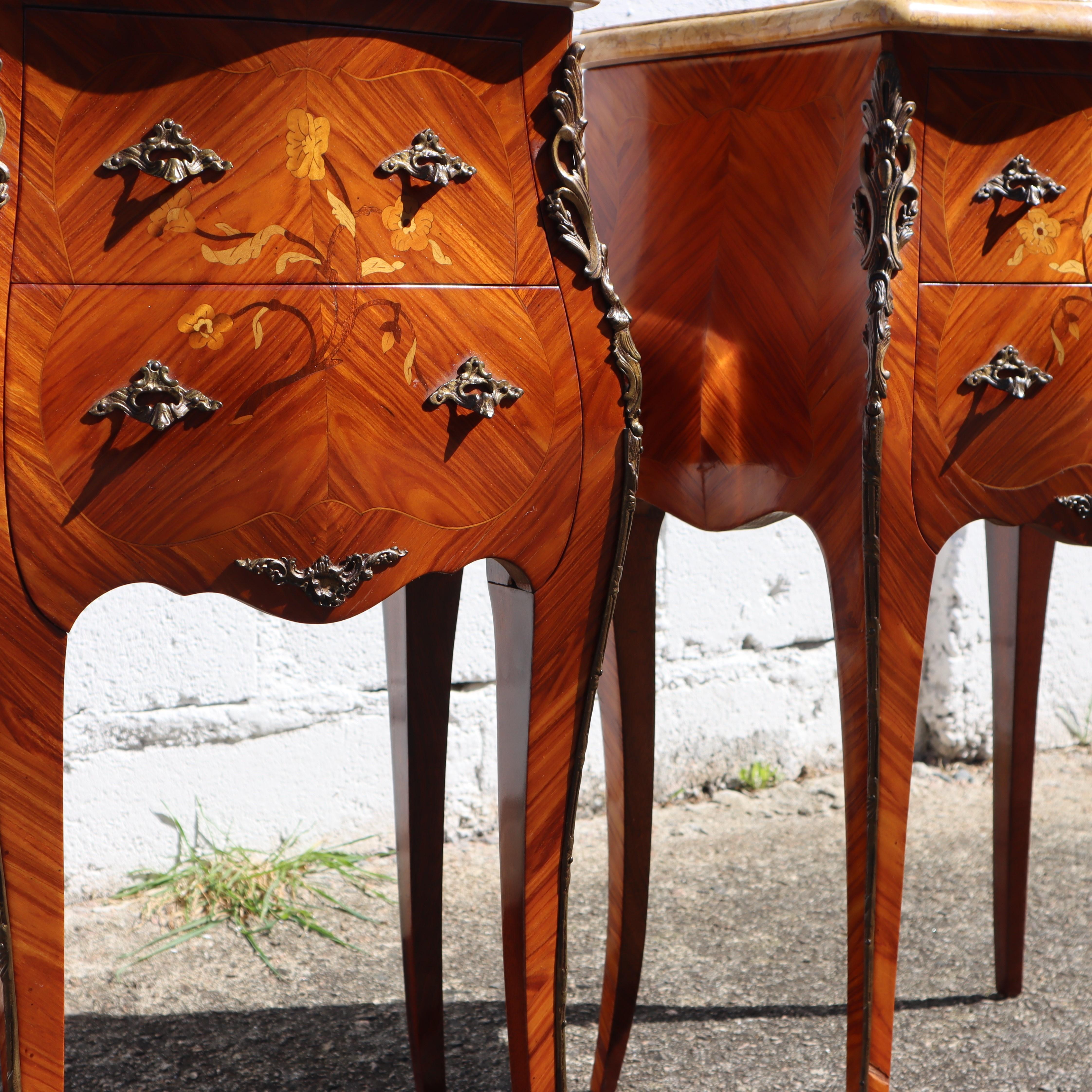 Mid-20th Century Pair of 2 French Vintage Rosewood Marquetry and Marble Bedside Tables  