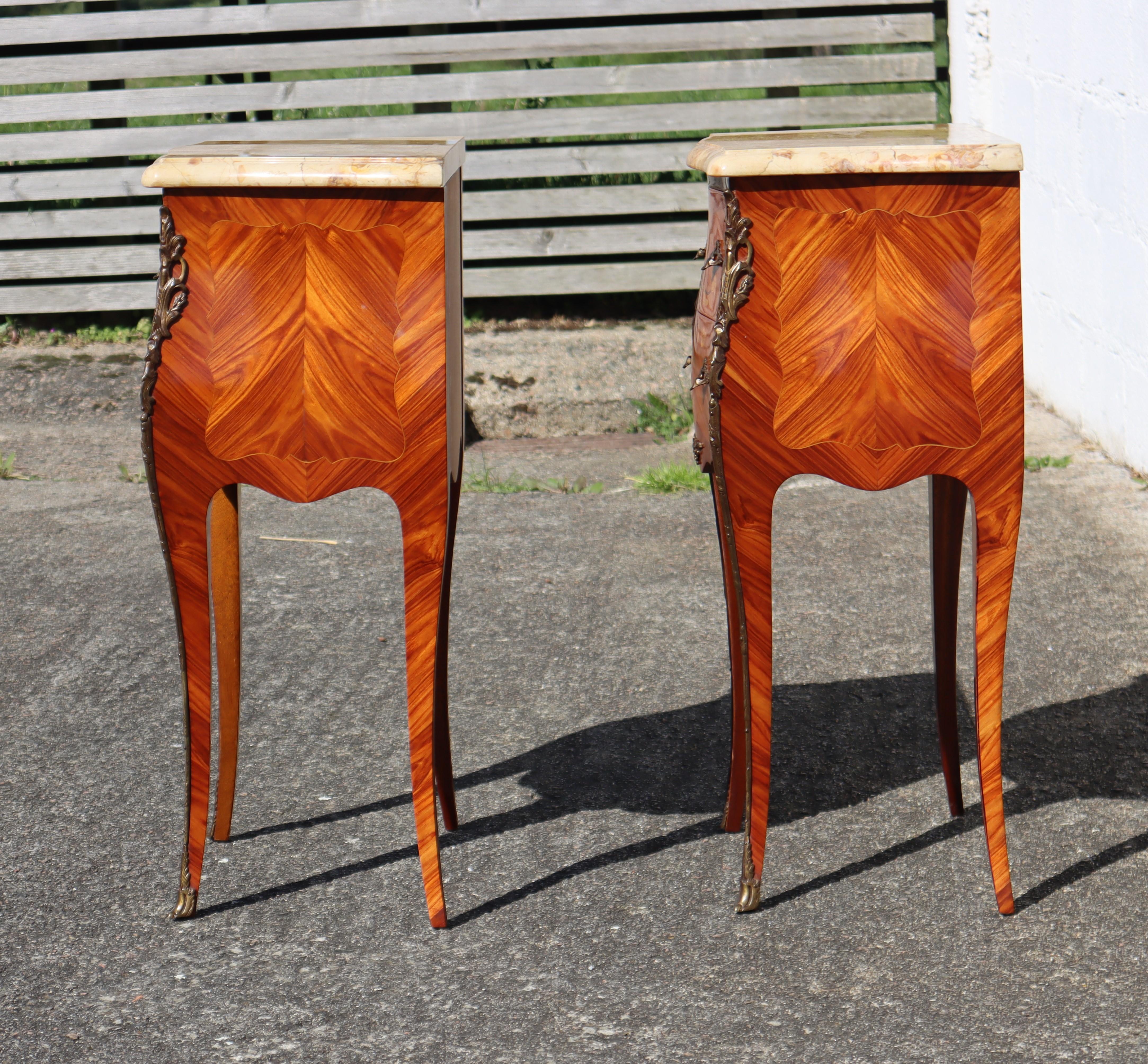 Brass Pair of 2 French Vintage Rosewood Marquetry and Marble Bedside Tables  