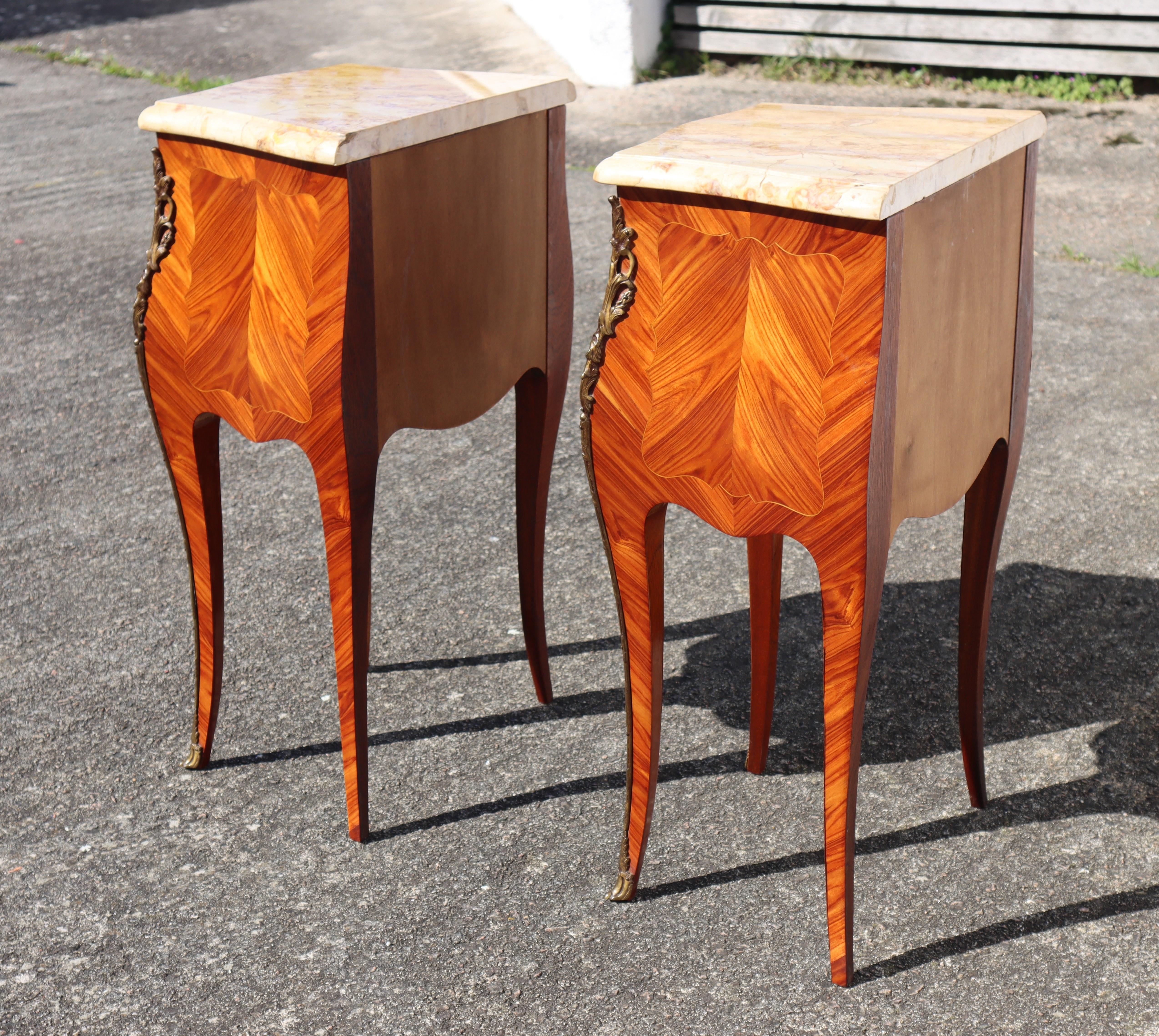 Pair of 2 French Vintage Rosewood Marquetry and Marble Bedside Tables   1