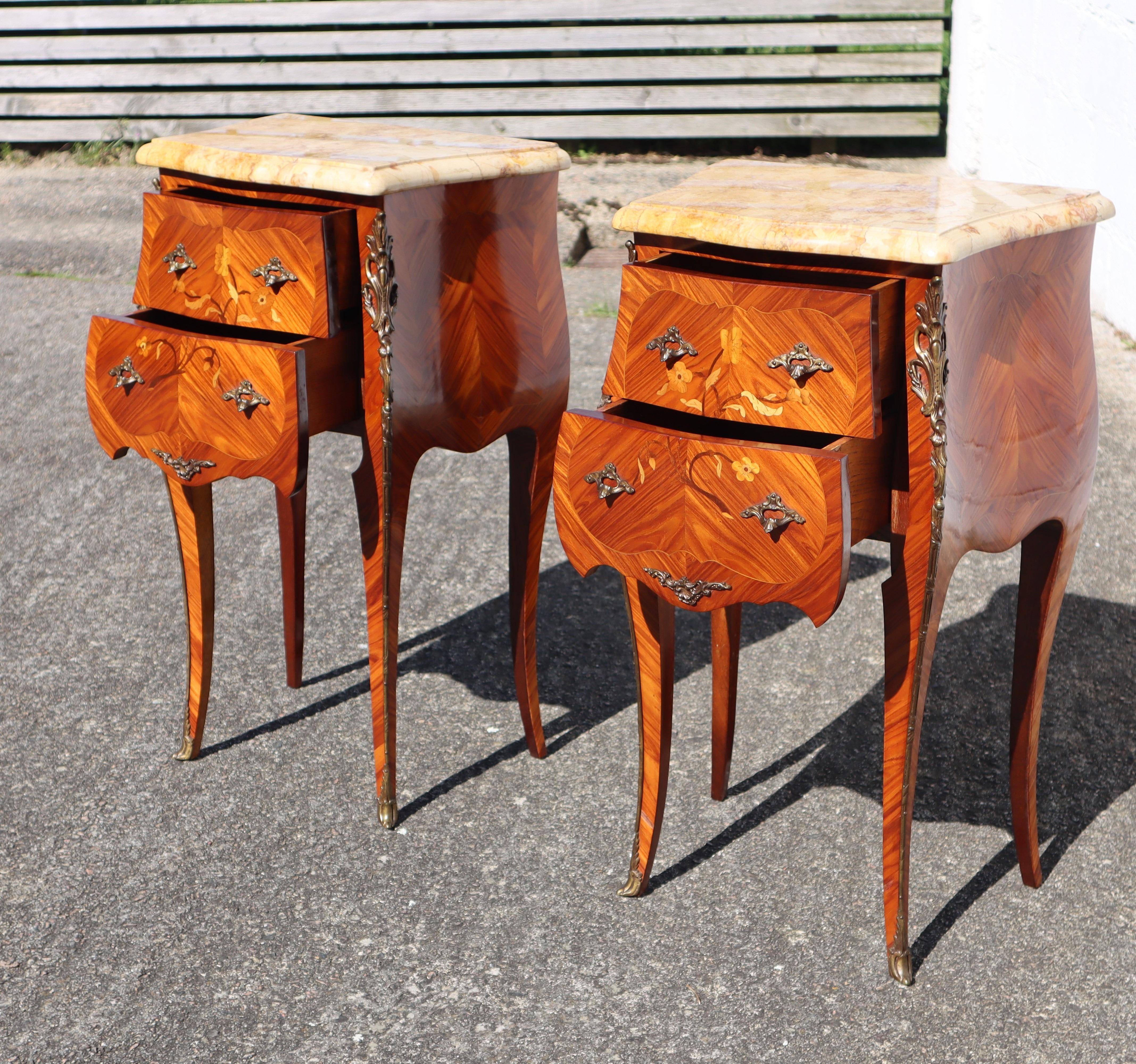 Pair of 2 French Vintage Rosewood Marquetry and Marble Bedside Tables   3