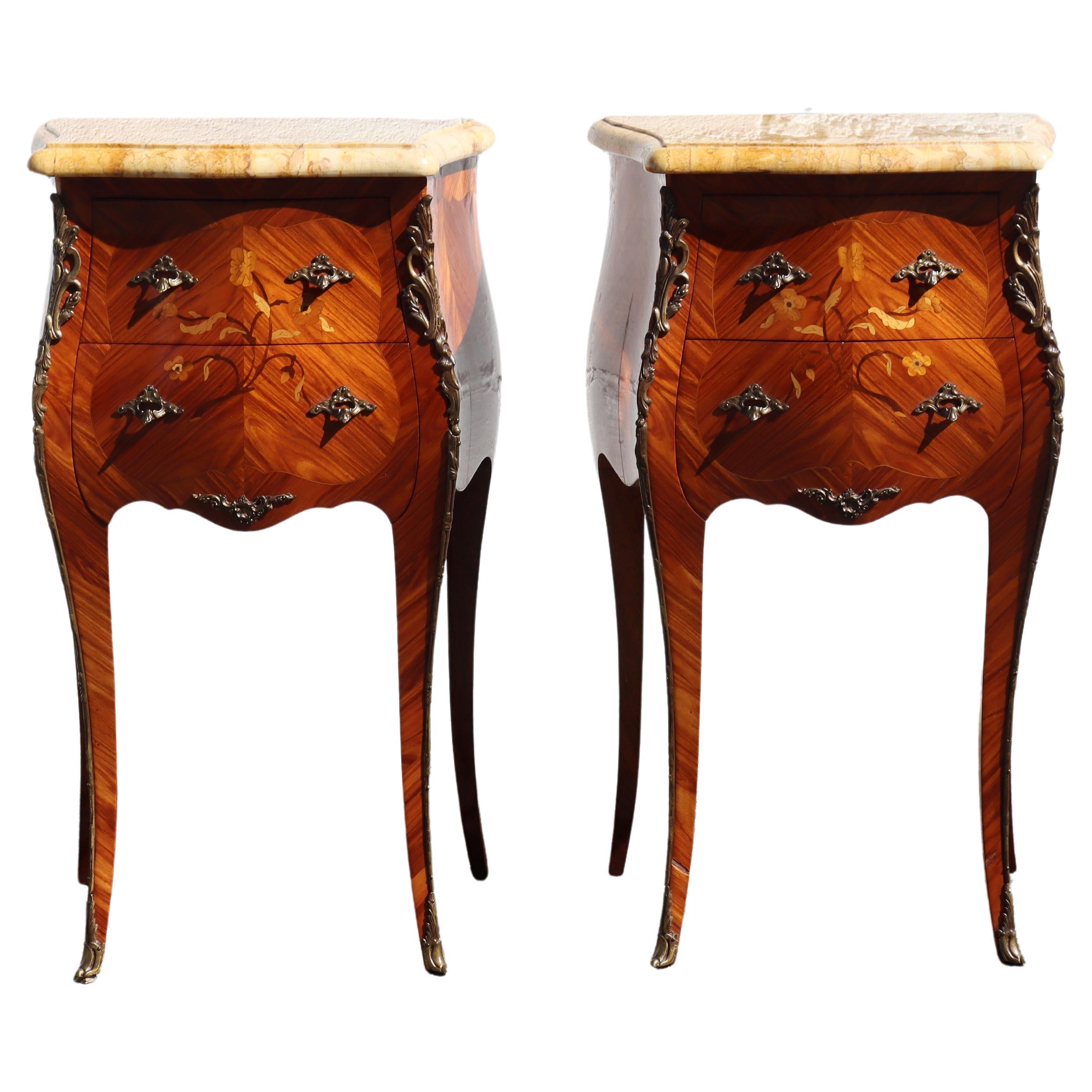 Pair of 2 French Vintage Rosewood Marquetry and Marble Bedside Tables  